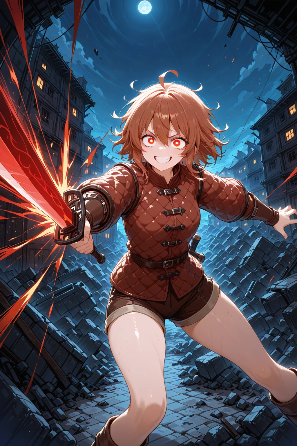 1girl, solo, gambeson shirt, <lora:Gambeson Shirt Illustrious1:0.6>, holding sword, outstretched hand, crazy, messy hair, glowing eyes, swinging weapon, attack, grin, night, destruction, brown shorts