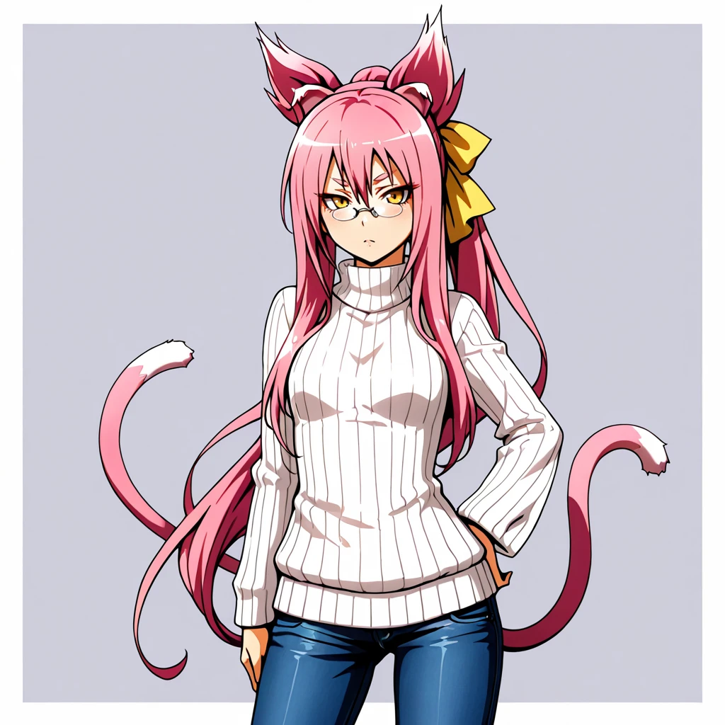 <lora:kokonoe_illustrious_v1:.7> Kokonoe, 1girl, cat tail, animal ears, pink hair, glasses, multiple tails, pince-nez, long hair, ponytail, yellow eyes, cowboy shot, sweater, jeans