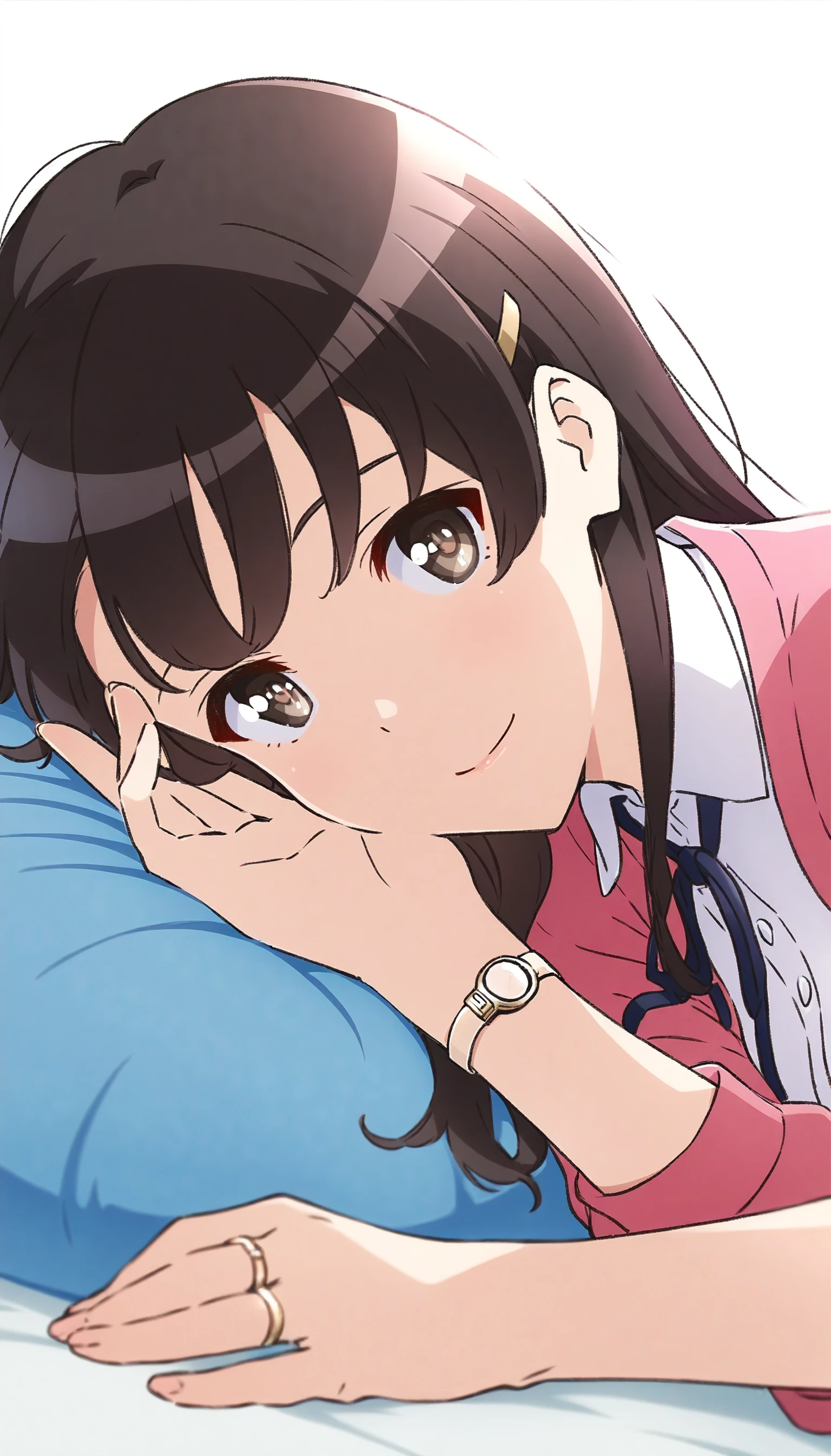 masterpiece,best quality,amazing quality,
<lora:megumikatoIL0314-6:1>,m3gum1kat0,
1girl,solo,black hair,bangs,long hair,hairclip,brown eyes,pupils,pink cardigan,white shirt,dark blue ribbon tie,wristwatch,finger ring,portrait,looking at viewer,smile,on side,laying on blue pillow,hand supporting head,white background,