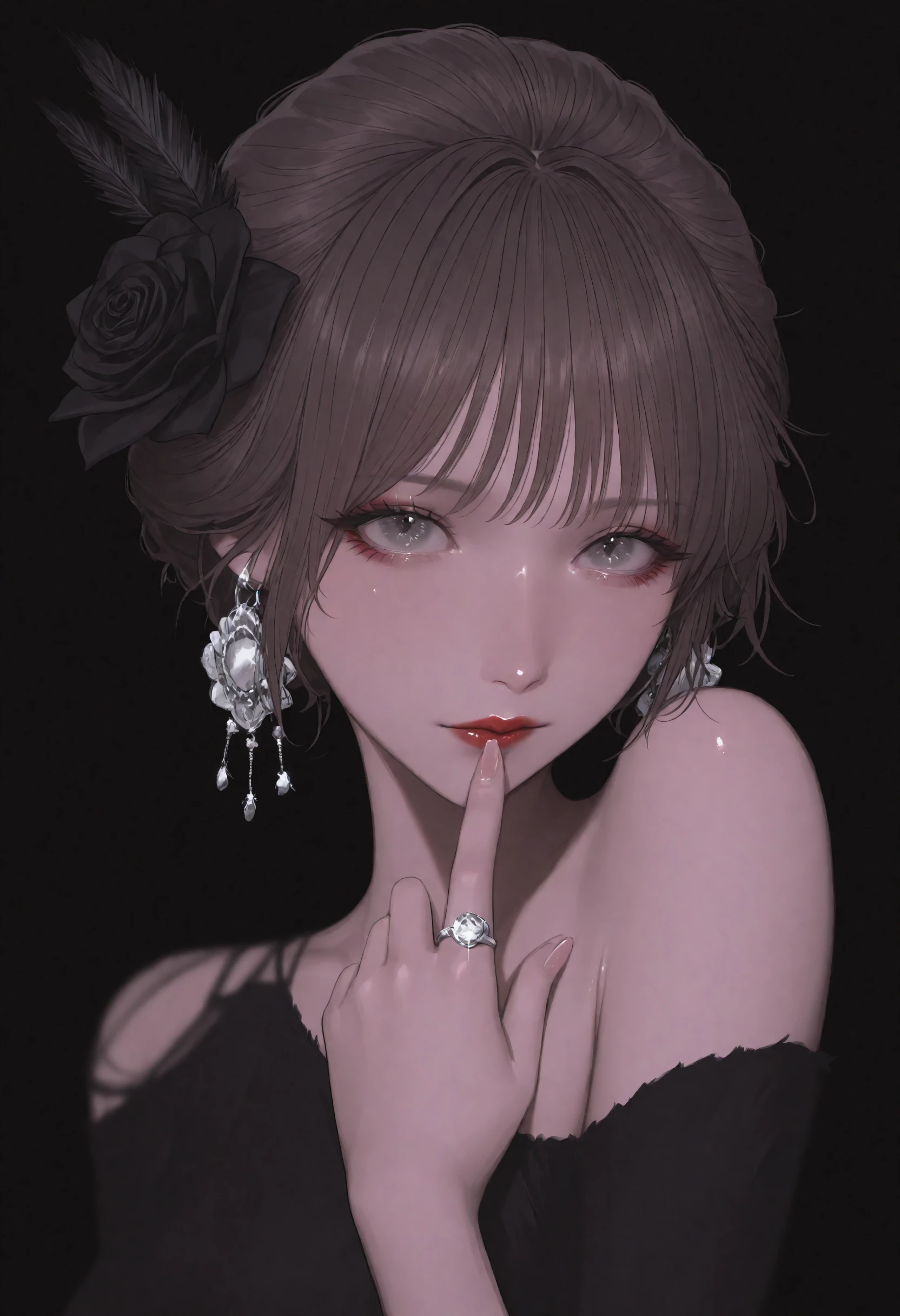 masterpiece, best quality, newest, absurdres, highres, very awa, anime screencap, limited palette, no lineart, sketch, eye focus, depth of field, aegyo sal, korean, simple background, 1girl, jewelry, ring, solo, black flower, earrings, hair ornament, red lips, looking at viewer, black dress, dress, hair flower, brown hair, grey eyes, black rose, single bare shoulder, closed mouth, flower, feathers, upper body, black background, makeup, lipstick, finger to mouth, expressionless, updo, realistic, fingernails, simple background, two-tone dress, feather hair ornament, hand to own mouth, off shoulder, hand up, multiple rings, dark background, lips, eyelashes, weibo username, bare shoulders, k-pop, weibo logo, portrait