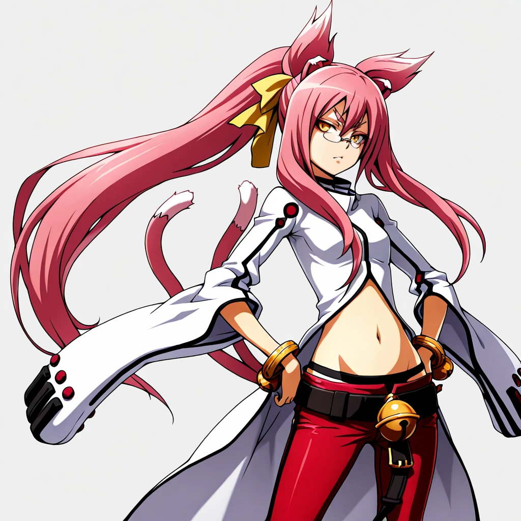 <lora:kokonoe_illustrious_v1:1> Kokonoe, 1girl, cat tail, animal ears, pink hair, glasses, multiple tails, pince-nez, capri pants, long hair, red pants, navel, bracelet, jewelry, ponytail, yellow eyes, bell, midriff, belt, underwear, cowboy shot