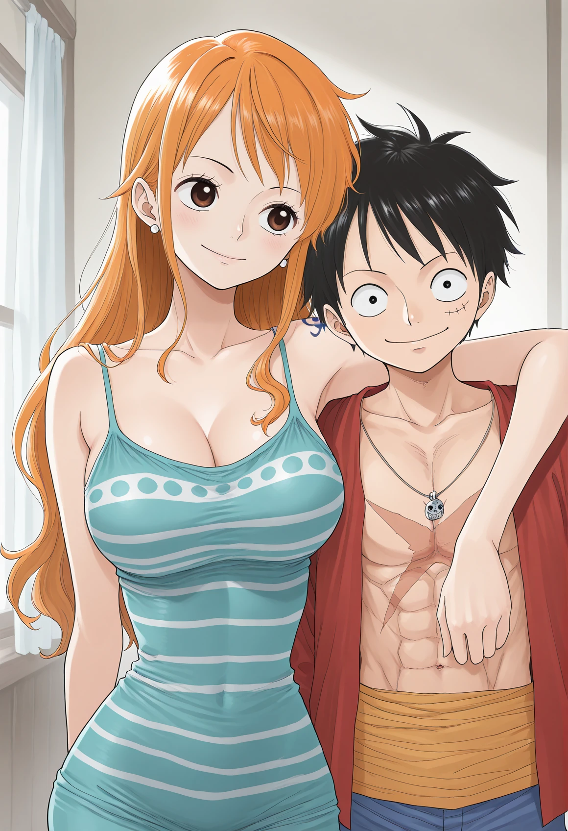 amazing quality,very aesthetic,absurdres,best quality,newest,masterpiece,4k resolution, absurdres, highres, detailed background,
<lora:shoulder-to-shoulder:0.6> shoulder-to-shoulder, arm around the shoulder, 1boy, monkey d. luffy, 1girl ,nami, watercolor (medium), oda eiichirou (style), <lora:onepiecestylev1:0.7> onepiecestyle, bikibi,
