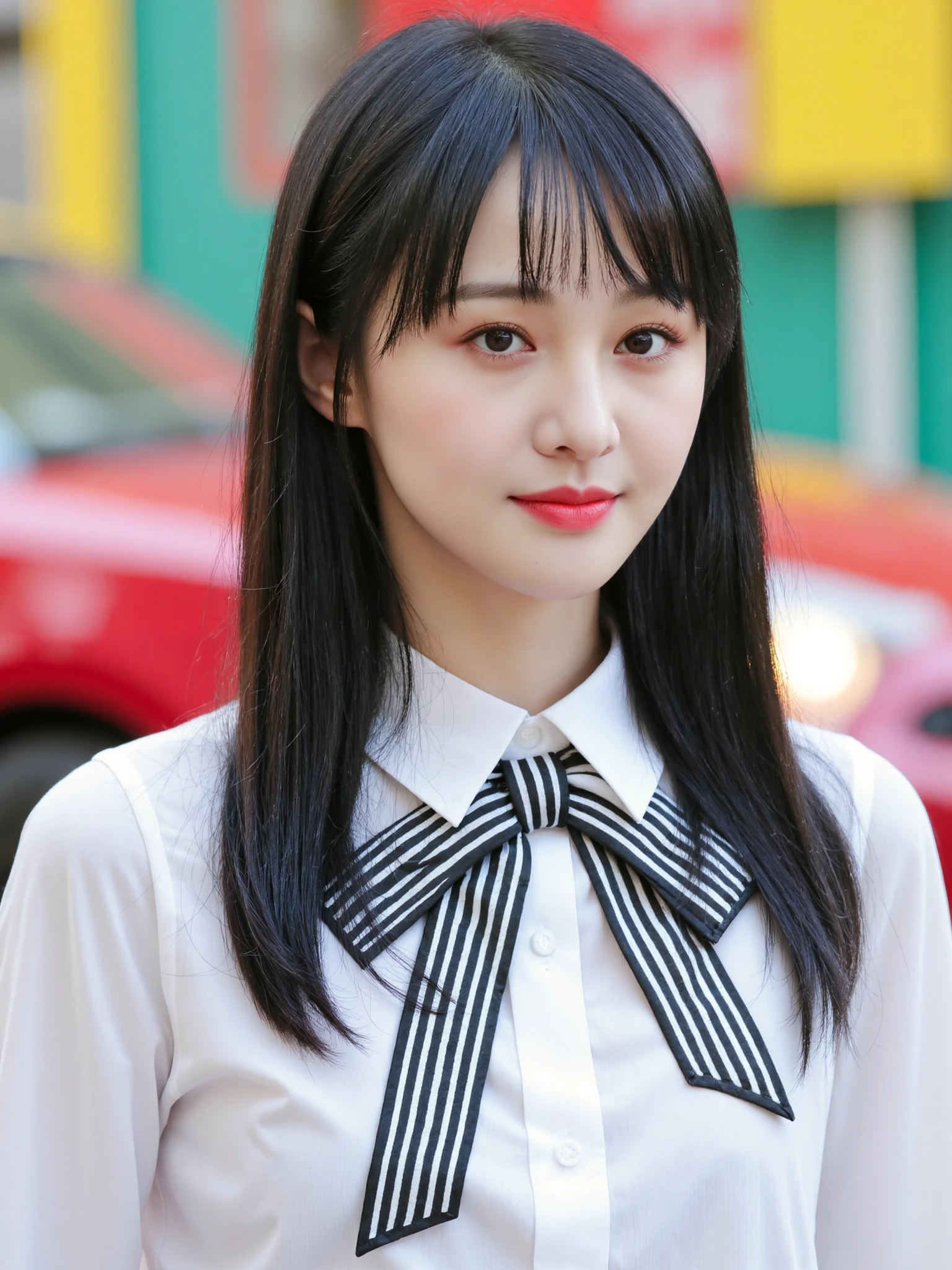 This is a high-resolution photograph of a young Asian woman standing outdoors in a well-lit urban setting. She has long, straight black hair with bangs and is wearing a white blouse with a black and white striped bow tie at the collar. The background features blurred, colorful elements like a red car and a yellow-green structure, suggesting a busy city environment. The composition uses a shallow depth of field, focusing on the woman's face, which is centered in the frame. The lighting is natural, highlighting her smooth, fair skin and delicate features.
