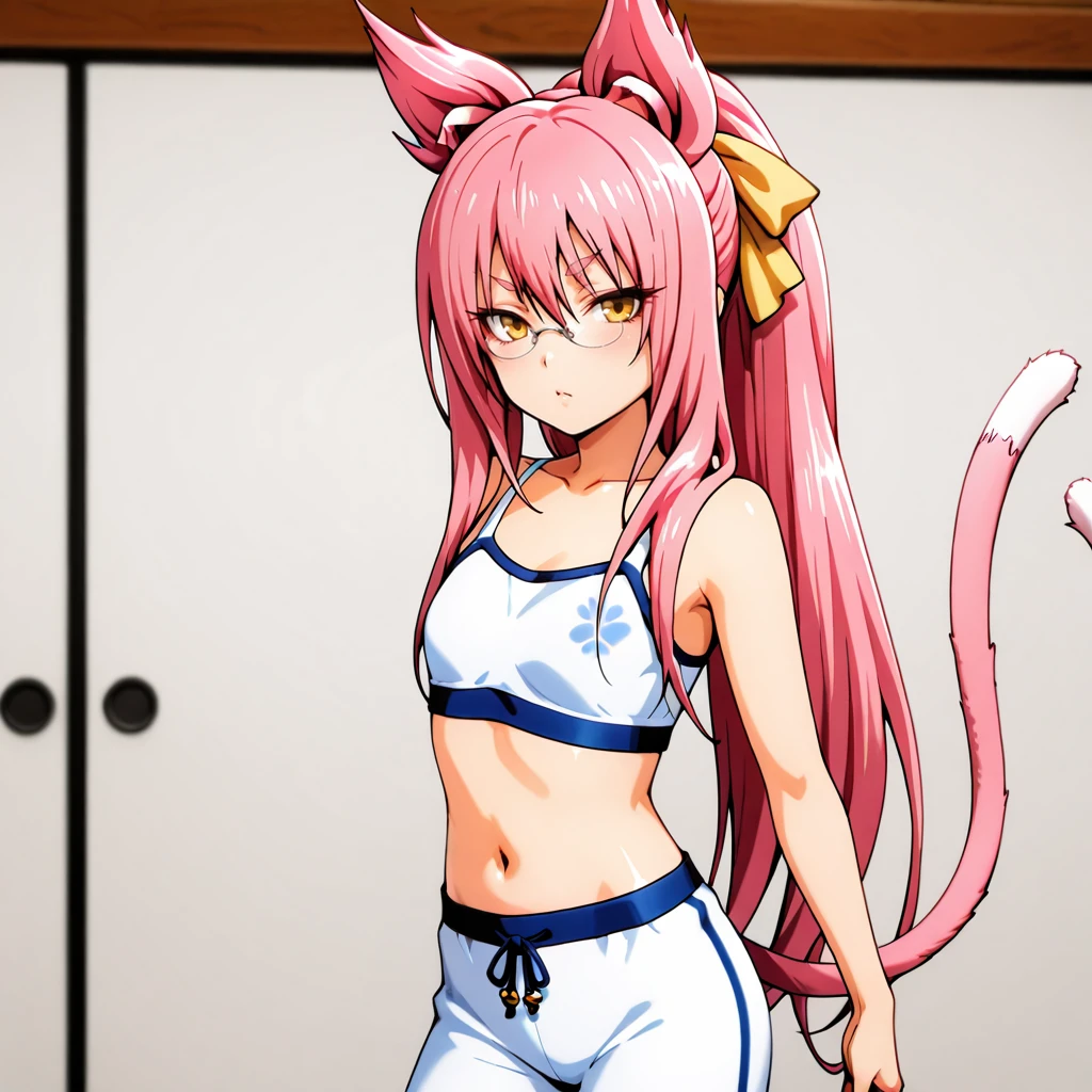 <lora:kokonoe_illustrious_v1:.7> Kokonoe, 1girl, cat tail, animal ears, pink hair, glasses, multiple tails, pince-nez, long hair, ponytail, yellow eyes, cowboy shot, <lora:camihalf_IL:1> camihalf,white sports bra,blue bra strap,