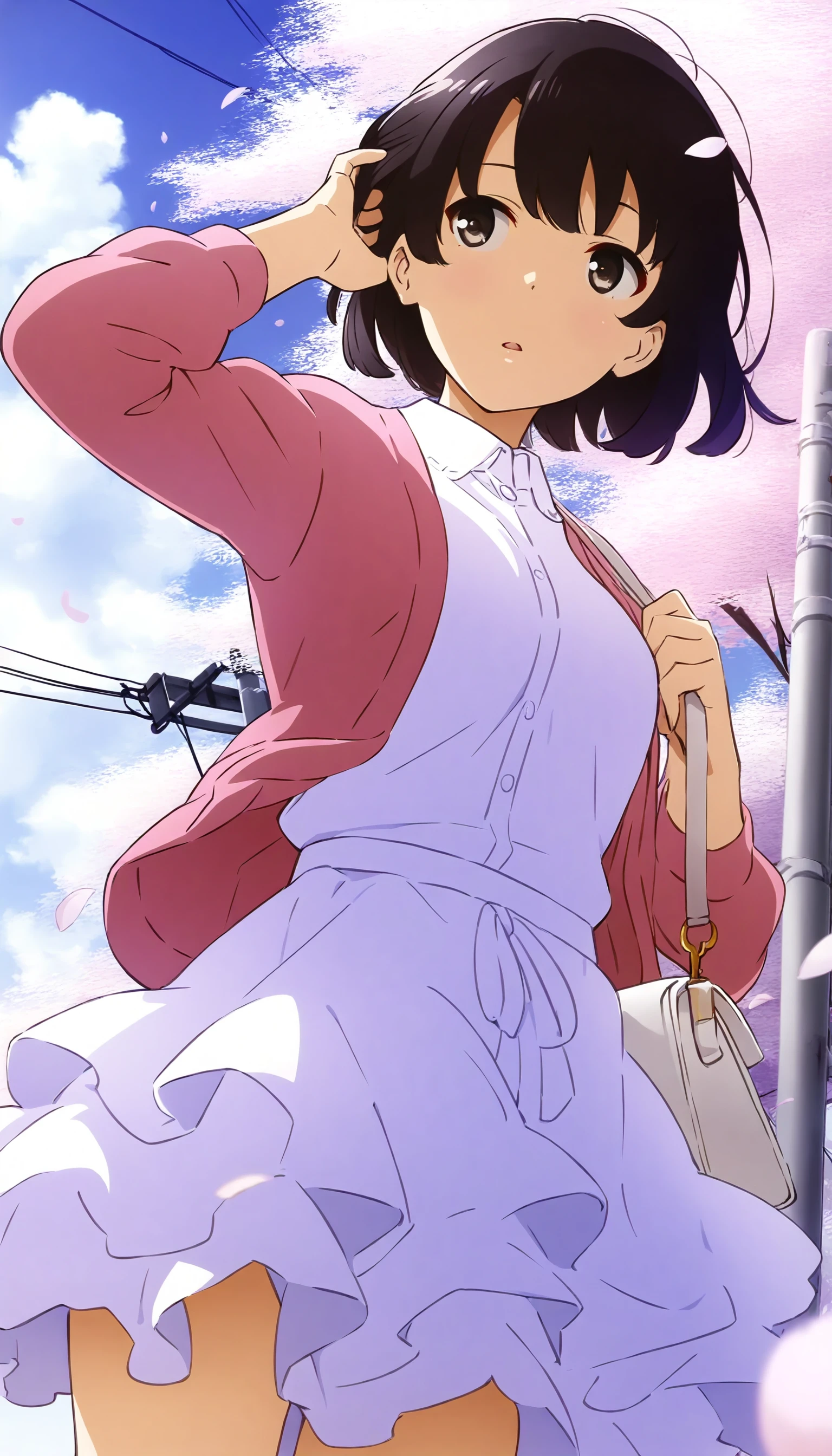 masterpiece,best quality,amazing quality,
<lora:megumikatoIL0314-6:1>,m3gum1kat0,
1girl,solo,black hair,bangs,short hair,brown eyes,parted lips,pink cardigan,white blouse,white frilled skirt,cowboy shot,from below,looking sideways,standing,white shoulder bag,right hand adjusting hair,left hand holding bag strap,flowing skirt,outdoors,street,blue sky,cloud,utility pole in the background,falling petals,cherry blossoms,