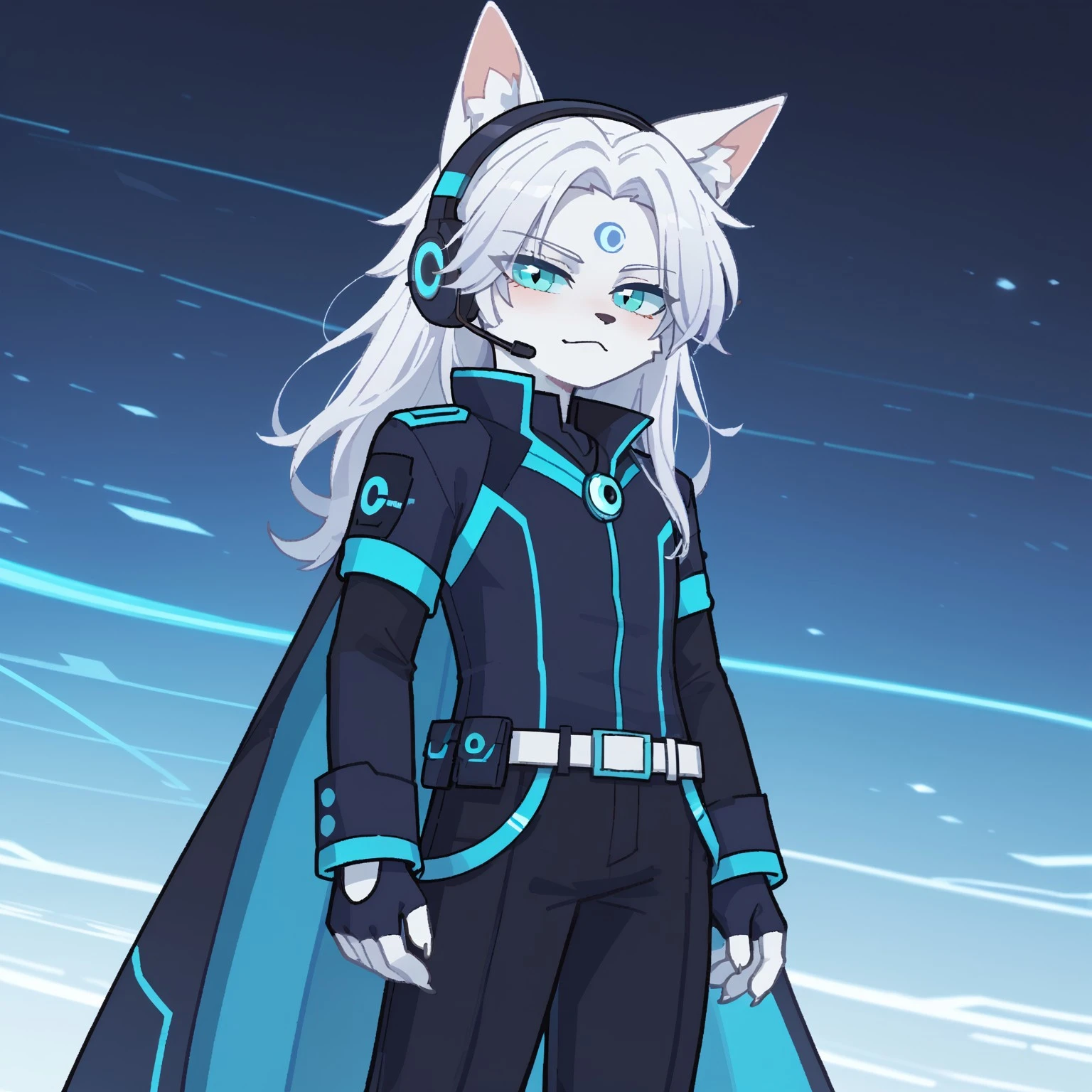 safe_pos, score_9, score_8_up, score_7_up, score_6_up, score_5_up, score_4_up, 1boy, 1man, LUNARIUS, furry, white skin, blue eyes, 3rd eye on forehead, Animada, sexy, wolf ears, white hair, futuristic outfit, blue and black suit, neon cyan accents, headset with microphone, confident expression, utility white belt, gloves, long cape, cyan eyes, standing, Arte, elaborado, detallado, posando