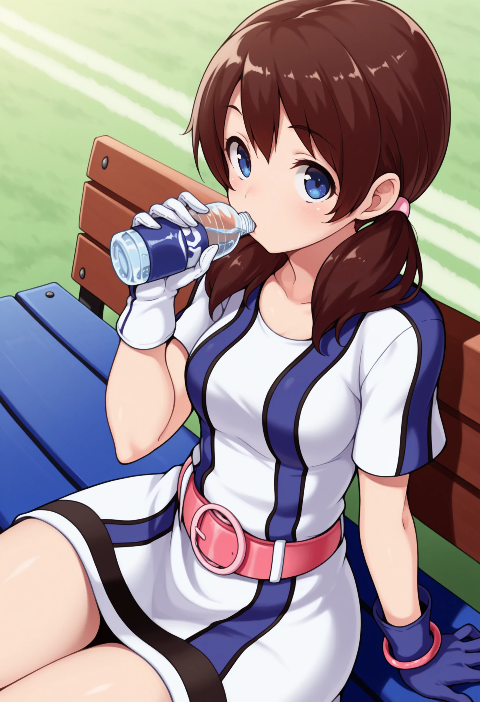 masterpiece, best quality, solo, 1girl, looking at viewer, <lora:Ai-ngbc-illus_Fp:1>, blue eyes, brown hair, short twintails, baseball uniform, sportswear, dress, pink belt, mismatched gloves, pink bangle, white glove, blue glove, no headwear, sitting, bench, drinking, water bottle,