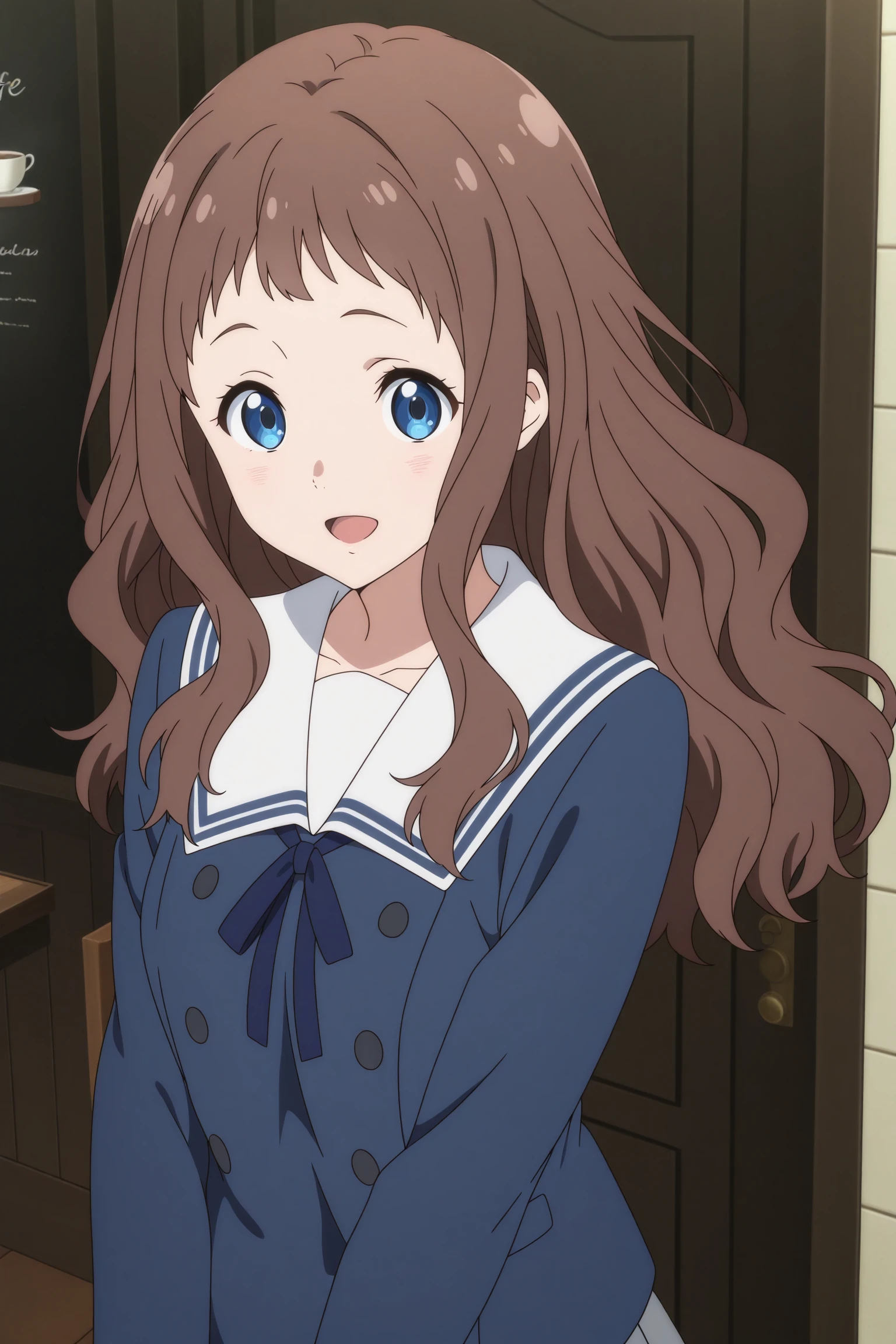 masterpiece, best quality, amazing quality, highres, absurdres, very aesthetic, high resolution, ultra detailed, perfect details, 1girl, solo, outdoors, (cafe:1.5), day, shindou ai, long hair, brown hair, wavy hair, short bangs, blue eyes, long sleeves, blue jacket, white sailor collar, blue neck ribbon, grey skirt, pleated skirt, black socks, kneehighs, brown footwear, loafers, <lora:Ai_Shindou_ILXL:0.8>, aged up, (upper body:1.5), looking at viewer, (anime coloring:1.5), (anime screencap:1.5), smile, open mouth, door, pose