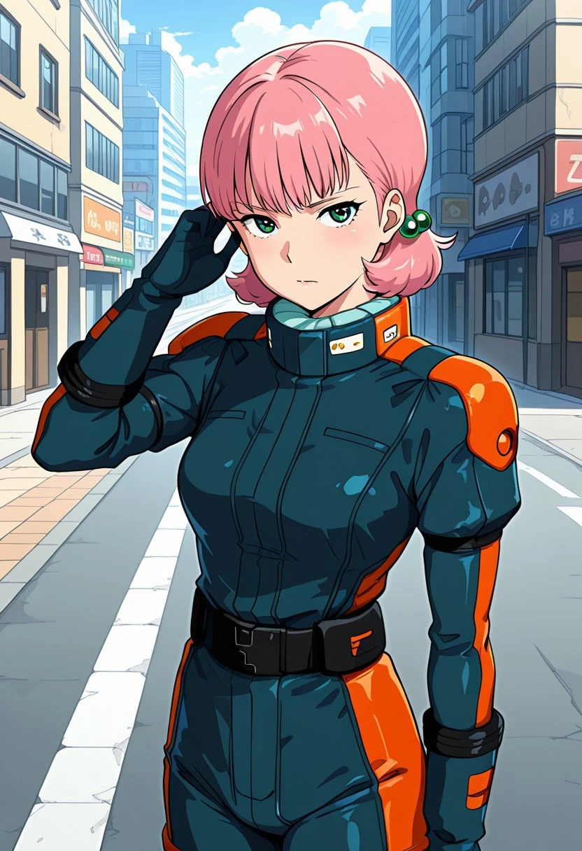 CG qual;ity, masterpiece, best quality,amazing quality, city ,street,zabiarov, ear accessory, pink hair , short hair, green eyes, 1 female, pilotsuit, pilot gloves