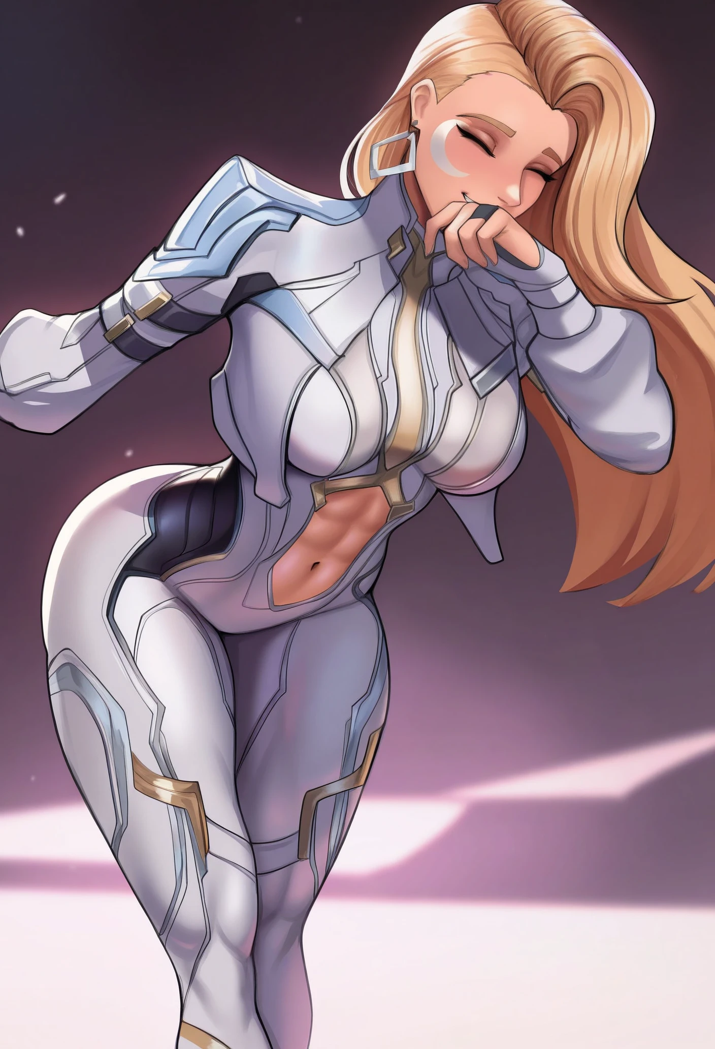 1girl, solo, smile, blurry background, simple background, midriff, navel, muscular, stomach cutout, happy, closed eyes, leaning forward, standing, large breasts, thick thighs, hand over own mouth,
blonde hair, long hair, asymmetrical hair, crescent facial mark, earrings, white bodysuit, long sleeves, cropped jacket, white jacket, skin tight,
masterpiece, best quality, <lora:fluffydus-guy90-Illust-Lycorisv1:1> sudulf, <lora:daggerMR-guy90-Illust-LoraV1:1>, reggad