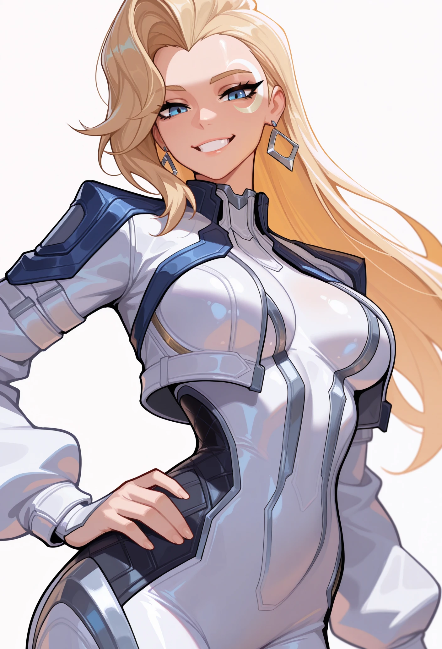 1girl, solo, looking at viewer, hand on own hip, grin, white background, simple background, blonde hair, long hair, asymmetrical hair, crescent facial mark, blue eyes, earrings, white bodysuit, long sleeves, cropped jacket, white jacket, skin tight,
masterpiece, best quality, <lora:daggerMR-guy90-Illust-LoraV1:1>, reggad