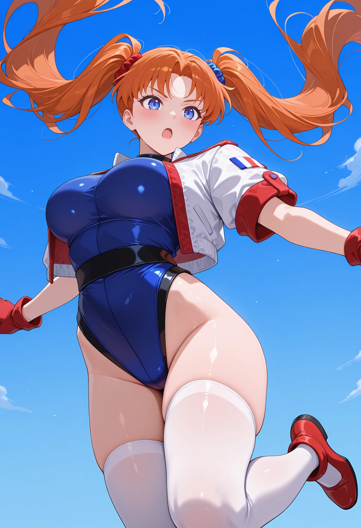 1girl, (superheroine, giantess), cool and mature, defiant, long hair, earring, (bodysuit, spandex), (blue orange white, costume), in town, (tower sized woman)++, dynamic pose, dynamic angle, (large breast)+, (skinny leg)+, long leg, thighhighs, bare legs, landscape, cityscape, in between skyscrapers, (Best quality), ((masterpiece)), (perfect female proportions)