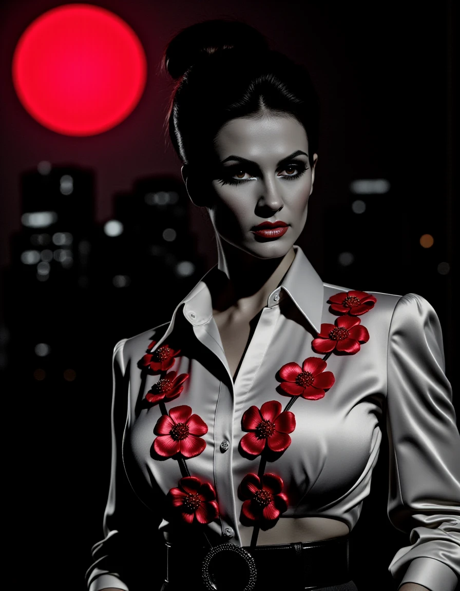 <lora:Denise_Milani-000008:1>, noir comic style with grey with red accents hues, portrait of a beautiful fit woman wearing a blouse decorated with embossed red sacura flowers, hair bun, at night with red moon in background, black cityline, <lora:lnrnr_flux_EliPot:1>