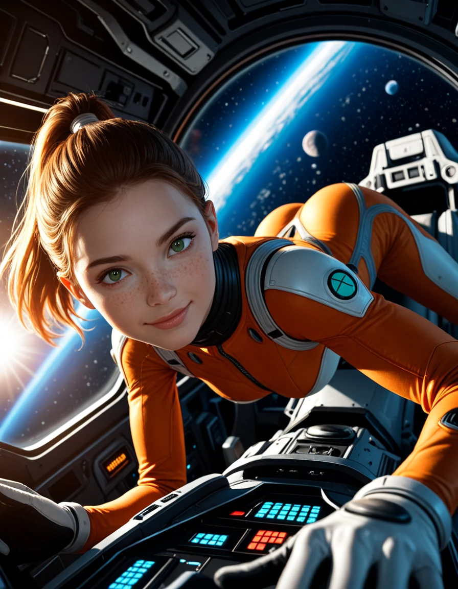 masterpiece, absurdres, best quality, newest, ambient lighting, very aesthetic, dark background, ultrahd, high contrast, realistic, space_ship, cockpit, control panels, HUD, indoors, close-up, foreshortening, mechs BREAK 1girl, solo, freckles, brown hair, green eyes, closed mouth, smile, high ponytail, short ponytail, pilot suit, floating, dynamic pose, dynamic angle,