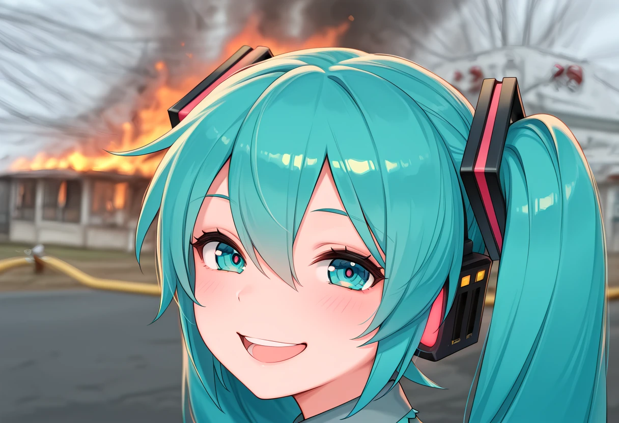 masterpiece, high quality, amazing detail, disaster_girl, 1girl, hatsune miku, looking at viewer, smile, open mouth, <lora:disaster_girl_meme-10:1>