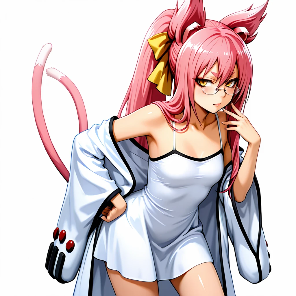 <lora:kokonoe_illustrious_v1:.7> Kokonoe, 1girl, cat tail, animal ears, pink hair, glasses, multiple tails, pince-nez, long hair, ponytail, yellow eyes, cowboy shot, <lora:Sexy_simple_dress:0.81> sesidr, short dress, spaghetti strap