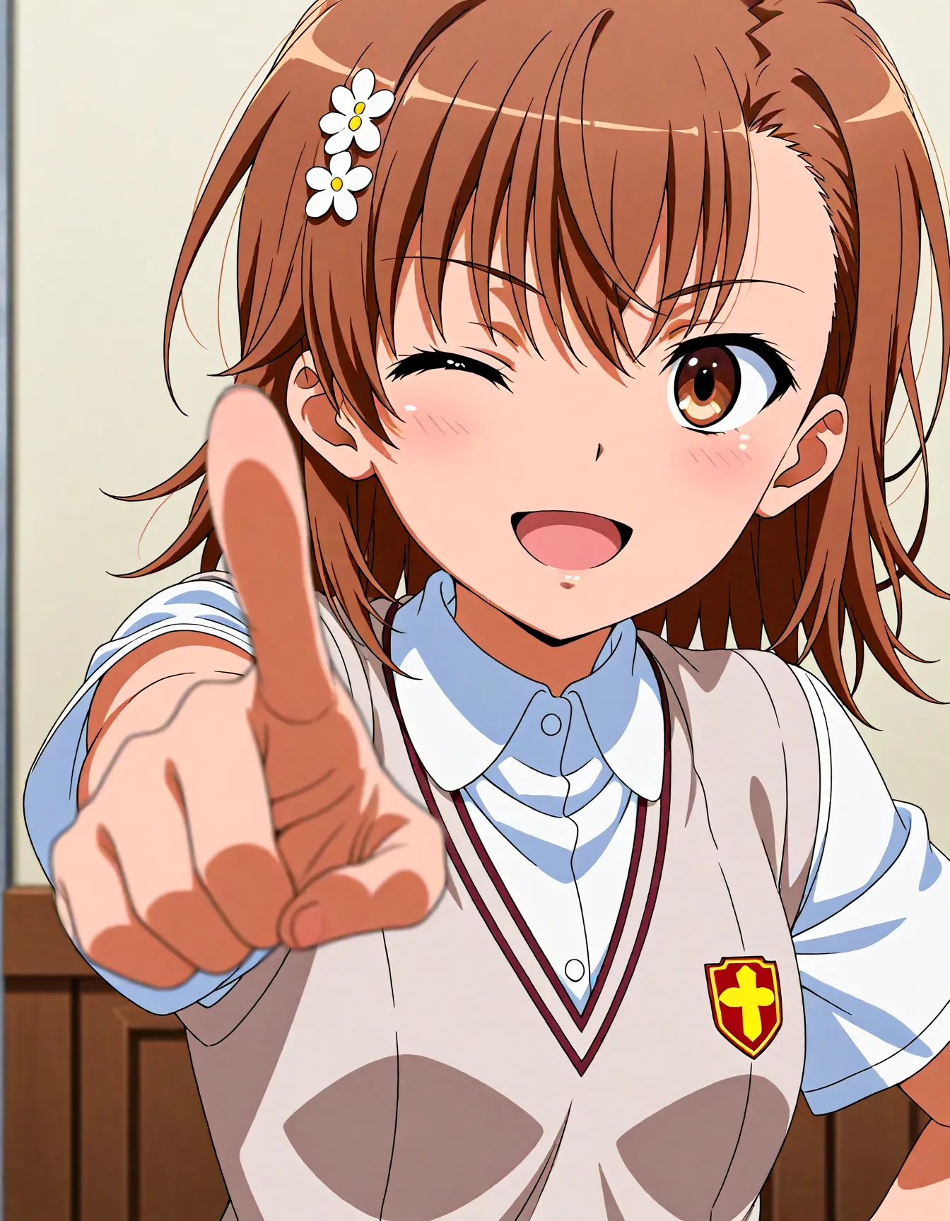 <lora:dmd2_sdxl_4step:1>,official style,masterpiece,best quality,newest,very aesthetic,highly detailed,high resolution,absurdres,highres,depth of field,super detailed skin,very awa,Anime,anime coloring,anime screencap,<lora:misaka_mikoto_V1:1>,posing,misaka mikoto,open mouth,smile,one eye closed,pointing_at_viewer,index_finger_raised,