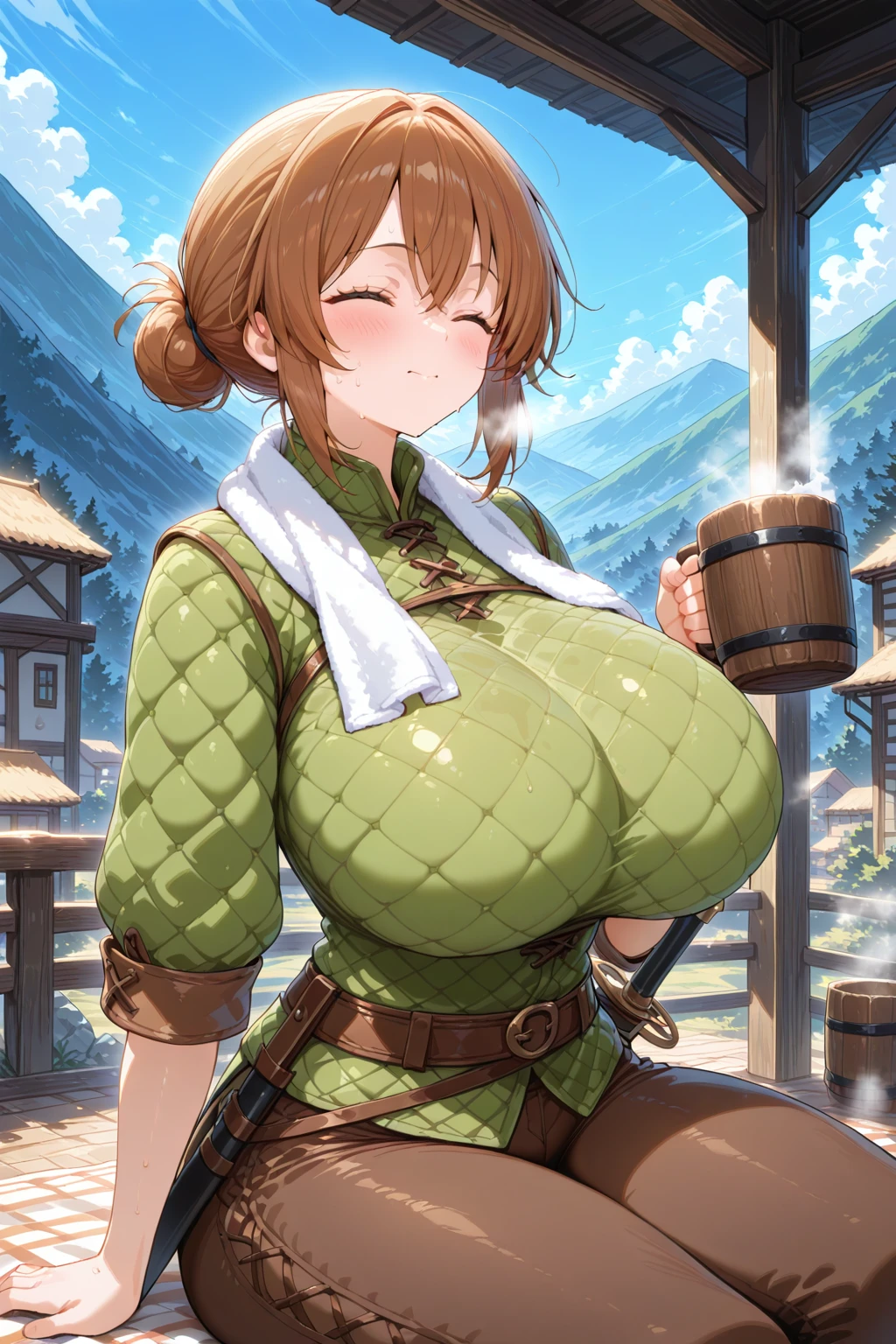 1girl, solo, gambeson shirt, <lora:Gambeson Shirt Illustrious1:0.6>, towel around neck, holding cup, wooden mug, sitting, haybale, outdoors, closed eyes, sweat, brown pants, huge breasts, scabbard,