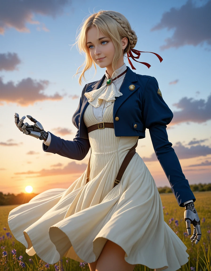 masterpiece, absurdres, best quality, very aesthetic, newest, ambient lighting, ultrahd, realistic, scenery, ultra-detailed, outdoors, dynamic angle, cowboy shot, sunset, (violet evergarden) BREAK 1girl, solo,ascot, blonde hair, blue eyes, blue jacket, cropped jacket, bolo tie, braided bun, closed mouth, dress, wind lift, juliet sleeves, long sleeves, (green brooch:0.6), prosthetic, prosthetic hands, smile, hair ribbon, realistic