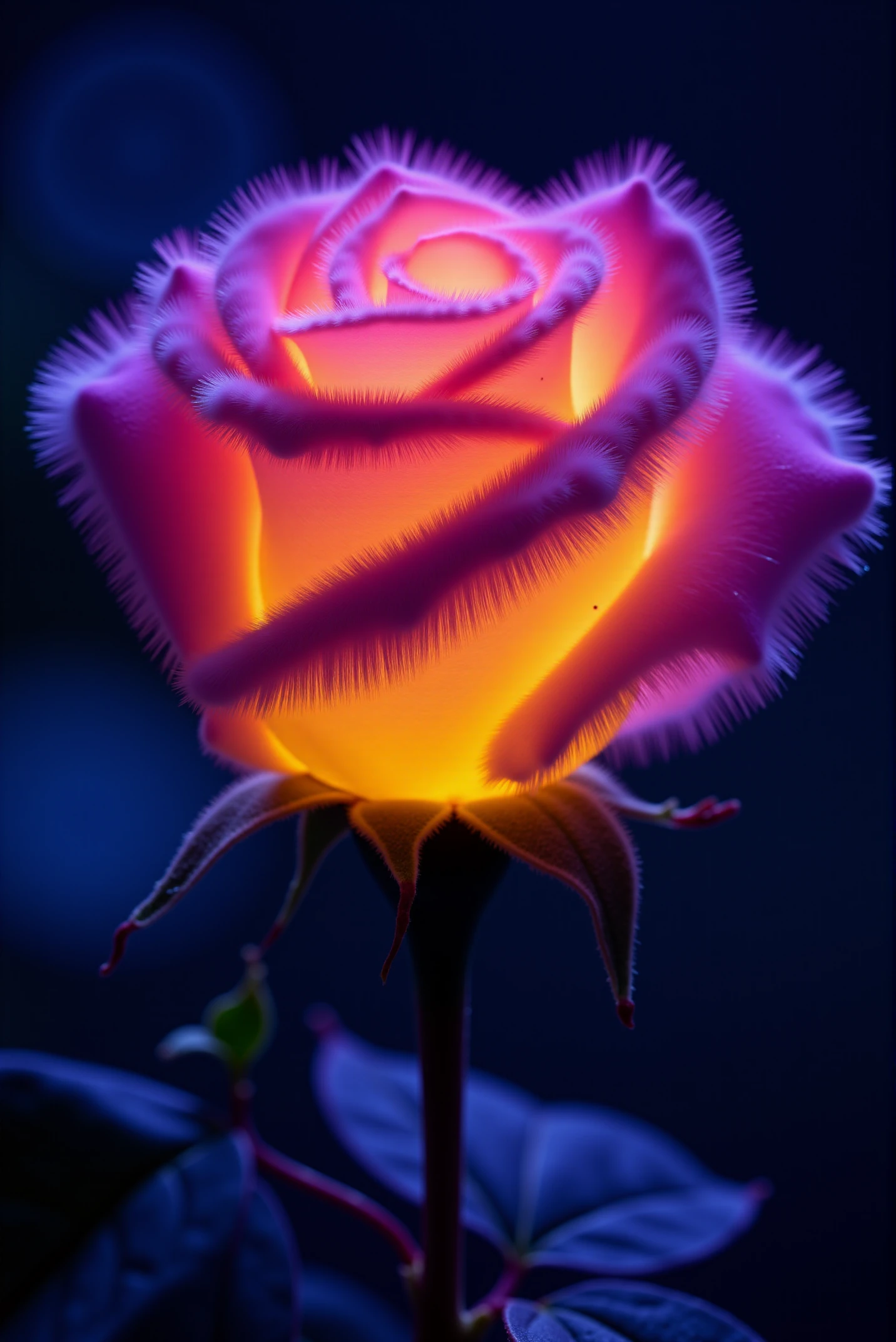 <lora:Fluffy_fur_2:0.8> FluffyFur. A mesmerizing close-up of a rosebud, its delicate petals composed of flowing, airy, fluffy fluffyfur fur that glows with a radiant inner light. The fur-like strands shimmer in a soft bioluminescent glow, transitioning from deep magenta at the base to an ethereal golden hue at the tips of petals, casting a warm, neon-like aura around the bud. Each petal curls and folds with velvety grace, the fine filaments of the glowing fur swaying gently as if touched by an invisible breeze. The illumination pulses subtly, breathing life into the surreal bloom, as if the rose is imbued with an otherworldly energy. Tiny motes of luminescent pollen drift from the glowing fur, sparkling in the air like stardust, enhancing the rose's mystical presence. The background fades into a soft, out-of-focus blur of deep blues and purples, accentuating the luminous glow of the fur-covered petals, turning the scene into a vision of botanical fantasy, where nature and magic intertwine in radiant beauty.