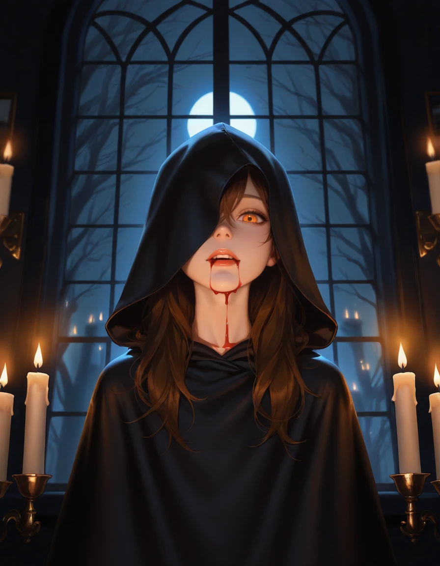 masterpiece, absurdres, best quality, newest, ambient lighting, ultrahd, realistic, scenery, ultra-detailed, dark background, night, dynamic angle, close-up BREAK 1girl, solo, hood, hood over one eye, (amber eyes:0.8), petite, young, bloody lips, blood dripping down chin, (pale skin:0.7), long hair, candles, window, parted lips, surreal, brown hair,black cloak, looking at viewer, upper teeth