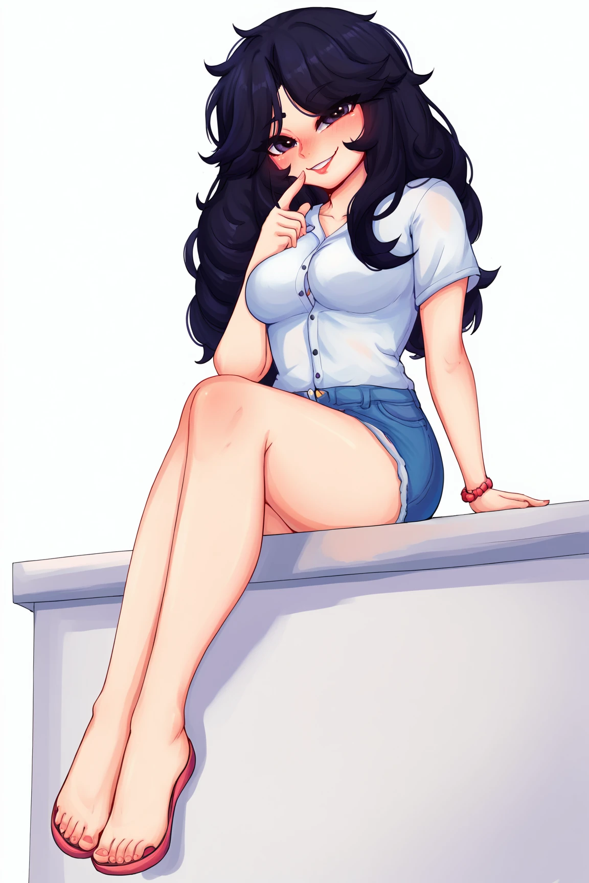 score_9, score_8_up, score_7_up, score_6_up, BREAK, 1girl, black hair, long hair, medium breasts, white shirt, denim shorts, solo, full body, sitting, bellow view, looking at viewer, seductive smile, naughty face, nose blush, white background, simple background, YeeinooStylePXL <lora:YeeinooStylePXL:1>
