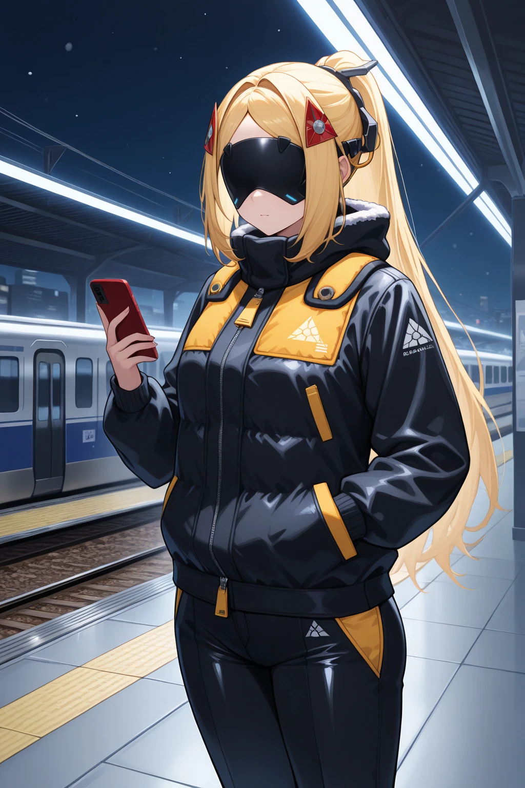 masterpiece, best quality, looking at phone, 1girl, tr1gg3r, covered eyes, blonde hair, parted bangs, hair intakes, long hair, ponytail, triangle hair ornament, headgear, black blindfold, winter clothes, padded jacket, zipper, pants, hand in pocket, holding phone, screen light, outdoors, winter, night, (science fiction:1.4), train station, <lora:Hoseki_ZenlessZoneZero_Trigger_IllustriousXL_v1:1>