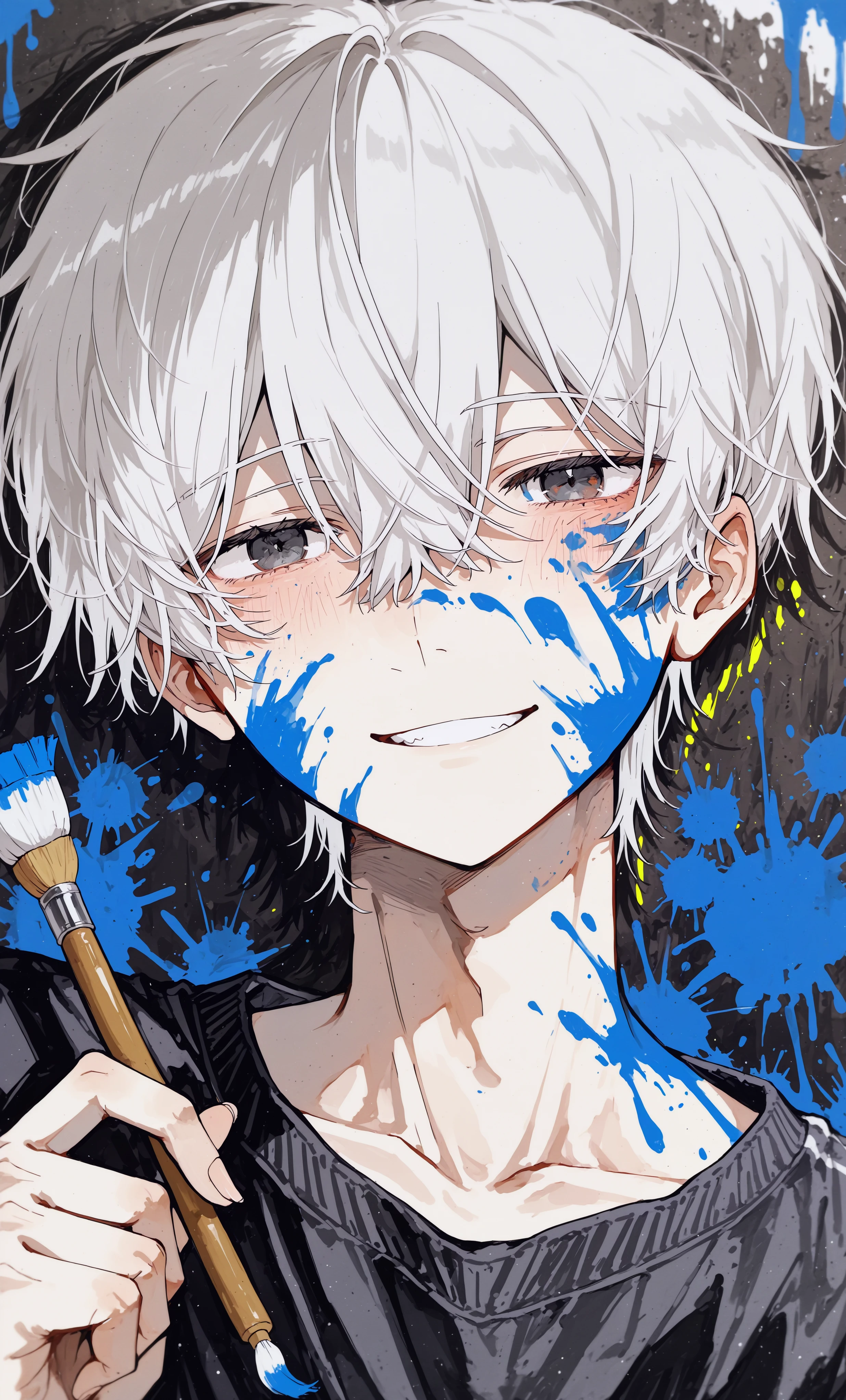 masterpiece, best quality,high quality, newest, highres,absurdres, traditional media, SuitablegreenStyle, 1boy, male focus, paint, paint splatter, looking at viewer, smile, white hair, paint splatter on face, solo, short hair, hair between eyes, paintbrush, blush, parted lips <lora:SuitablegreenStyle_IL:1>