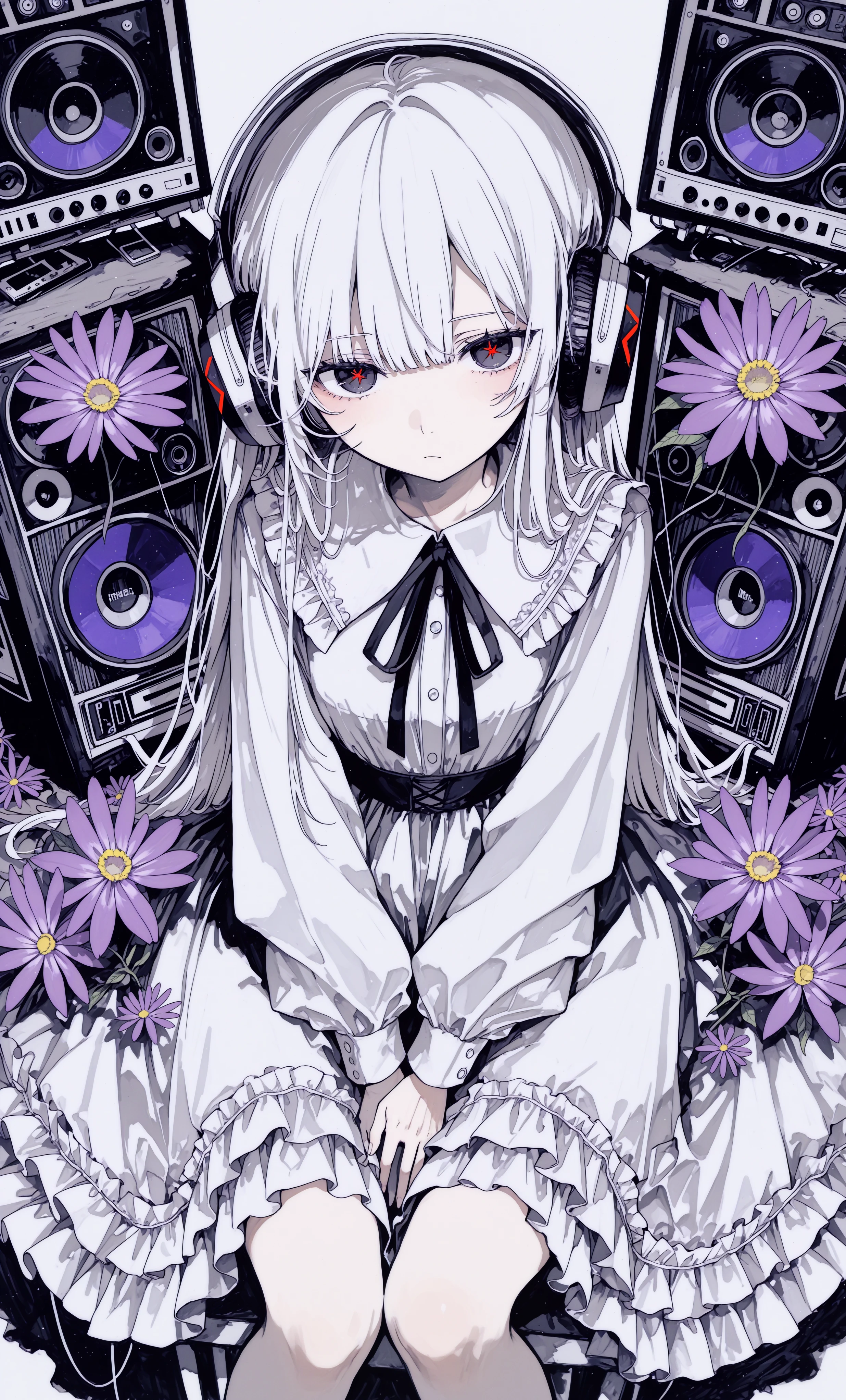 masterpiece, best quality,high quality, newest, highres,absurdres, traditional media, SuitablegreenStyle, 1girl, solo, flower, dress, sitting, monochrome, long sleeves, closed mouth, looking at viewer, bangs, purple flower, white hair, frills, speaker, long hair <lora:SuitablegreenStyle_IL:1>