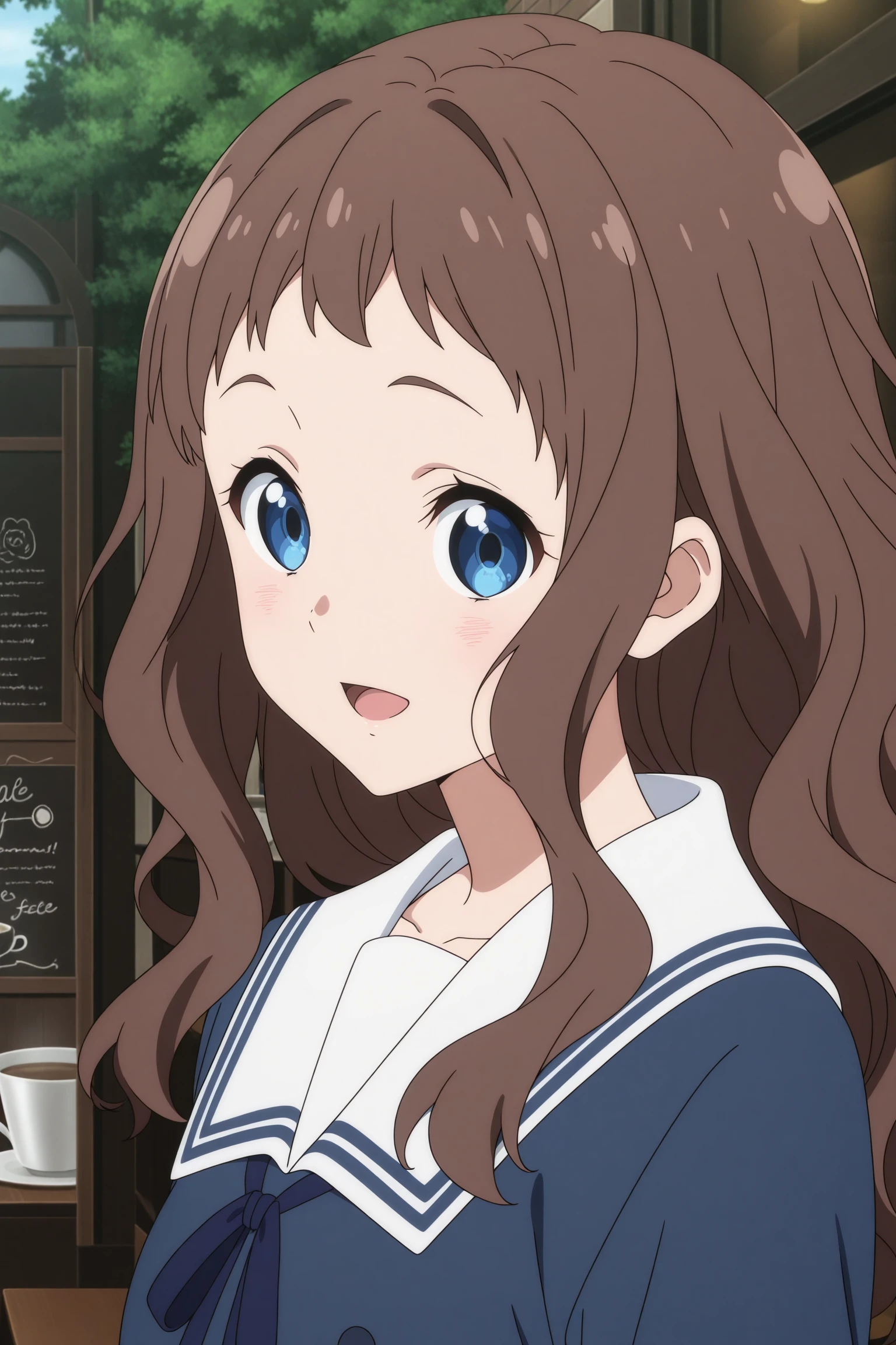 masterpiece, best quality, amazing quality, highres, absurdres, very aesthetic, high resolution, ultra detailed, perfect details, 1girl, solo, outdoors, (cafe:1.5), day, shindou ai, long hair, brown hair, wavy hair, short bangs, blue eyes, long sleeves, blue jacket, white sailor collar, blue neck ribbon, grey skirt, pleated skirt, black socks, kneehighs, brown footwear, loafers, <lora:Ai_Shindou_ILXL:0.8>, aged up, (portrait:1.5), looking at viewer, (anime coloring:1.5), (anime screencap:1.5), smile, open mouth, door, from side