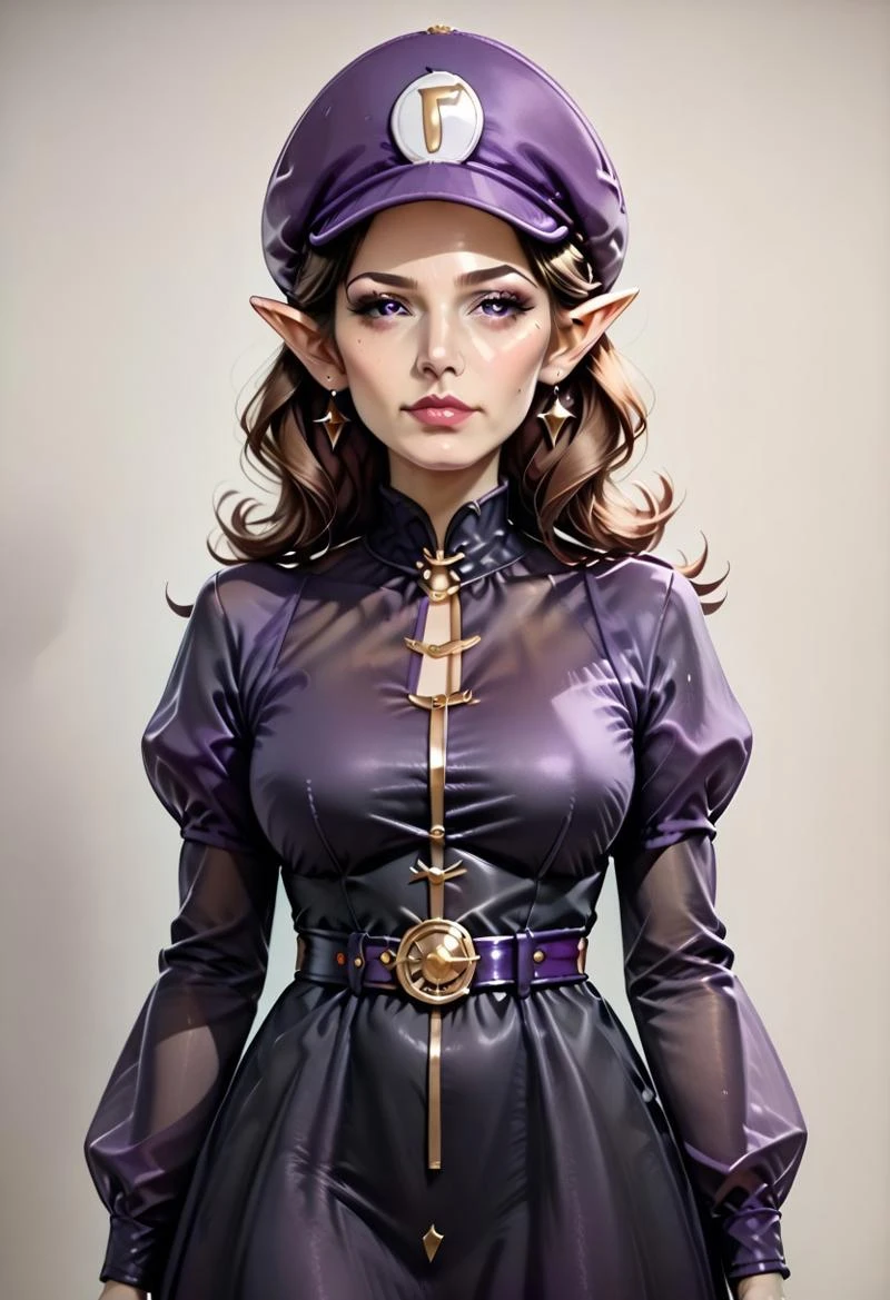 {1woman, solo:3.0, ((adult:3.0)), mature female, full body, Waluette, no mustache:2.0, pointy ears, face framing bangs, brown hair, small bust:2.0, hat, purple hat, m dress, long sleeves, black dress, puffy long sleeves, belt, purple accents, gold accents, standing, standing upright:2.0, }
4kFacePonyXL,