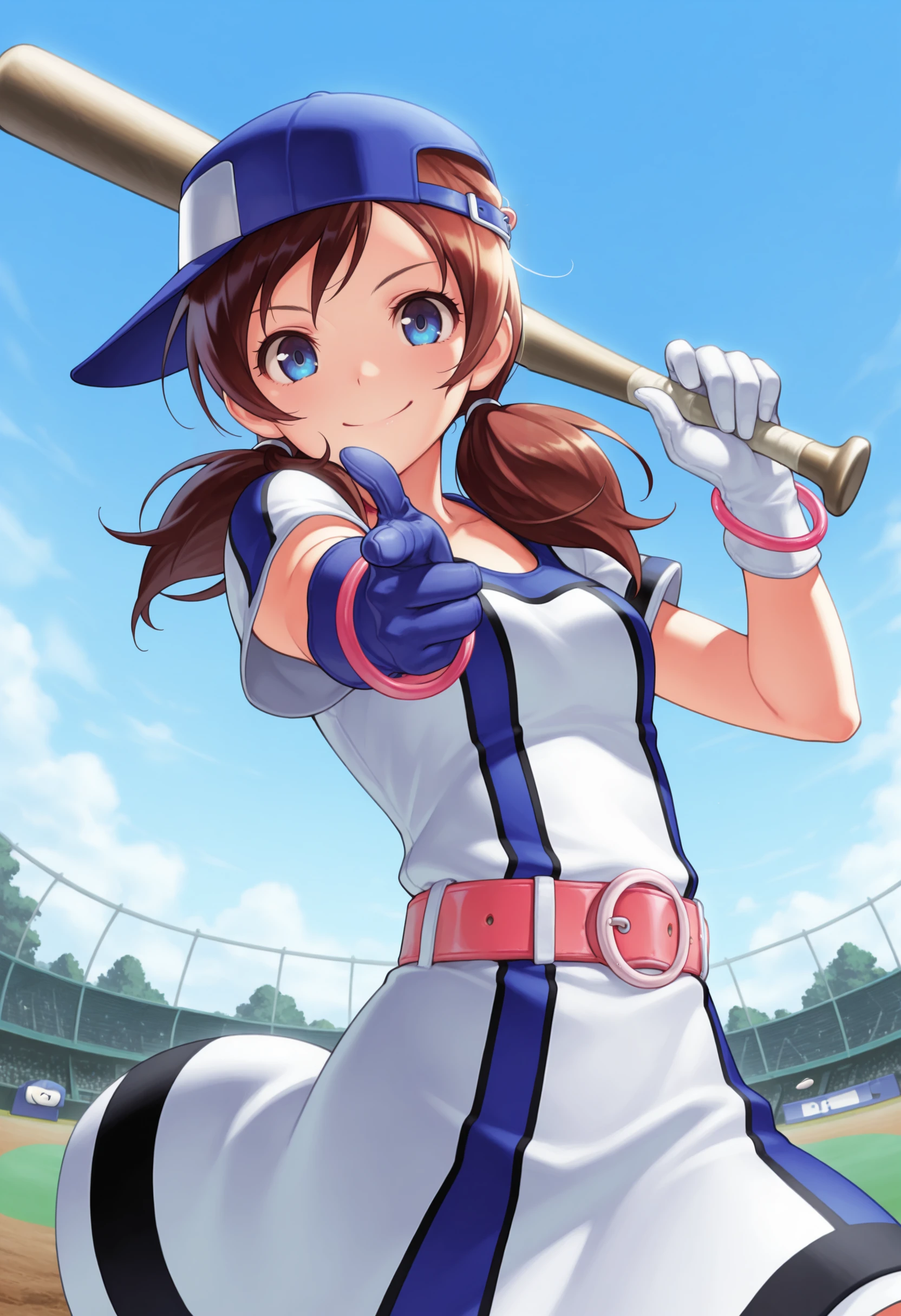 masterpiece, best quality, solo, 1girl, smile, looking at viewer, <lora:Ai-ngbc-illus_Fp:1>, blue eyes, brown hair, short twintails, baseball cap, sportswear, dress, pink belt, mismatched gloves, pink bangle, white glove, blue glove, sideways hat, outdoors, baseball, baseball bat, finger gun, holding,