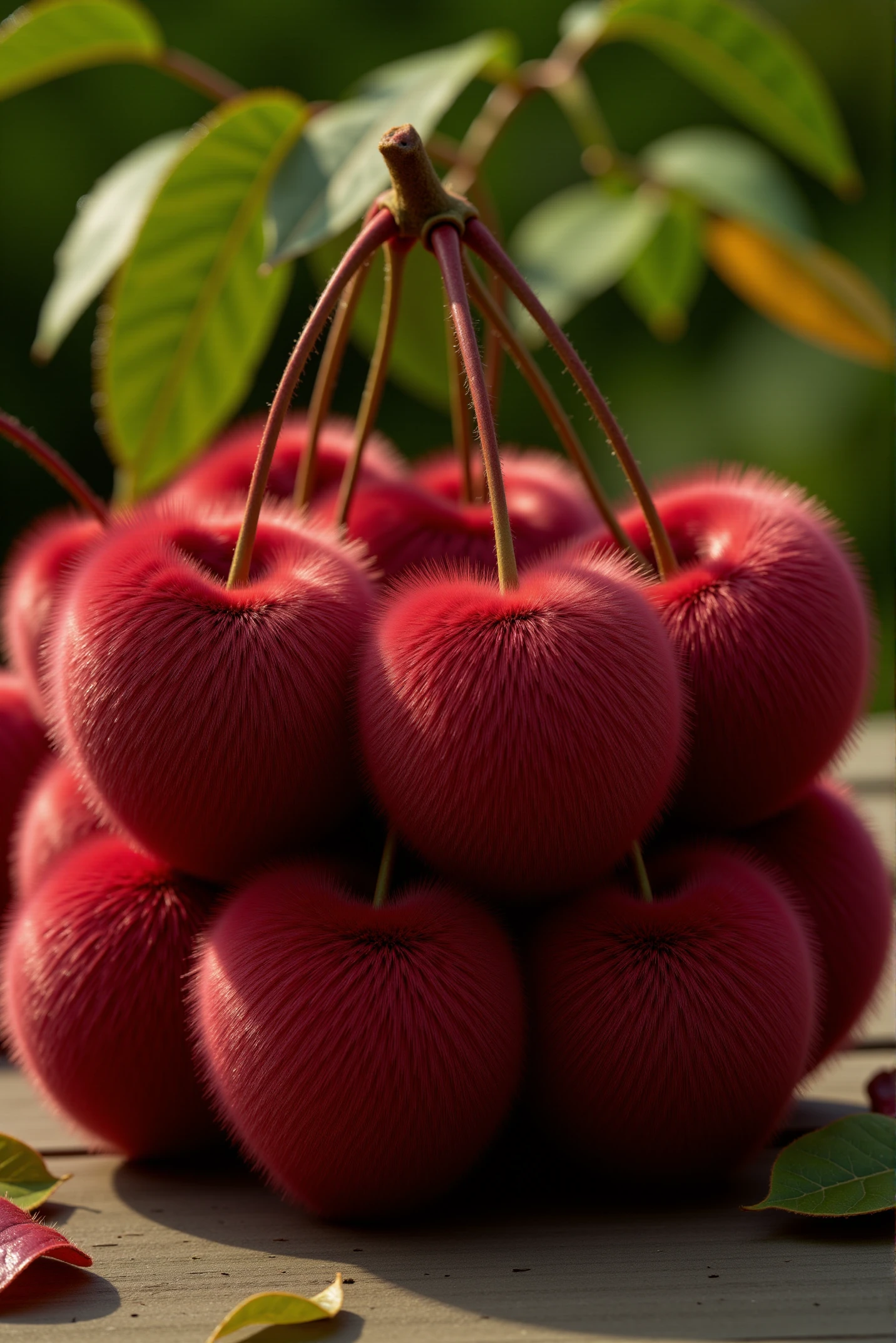 <lora:Fluffy_fur_2:0.9> FluffyFur. A luscious bunch of cherries, each plump orb covered in airy, short-haired, fluffy fur, the fine strands mirroring the natural gradient of the fruit, transitioning from deep crimson to rich burgundy, with subtle hints of sunlit amber near the stems. The fluffy fur is dense, following the gentle curves and clustered arrangement of the cherries, giving them a surreal yet inviting texture. Tiny, delicate hairs catch the light, creating a soft sheen that mimics the natural glossy glow of freshly picked cherries. The bunch rests on a rustic wooden table, surrounded by scattered green leaves, with a gentle autumn breeze hinted in the blurred background, adding a sense of warmth and organic harmony to this strange yet oddly natural creation.