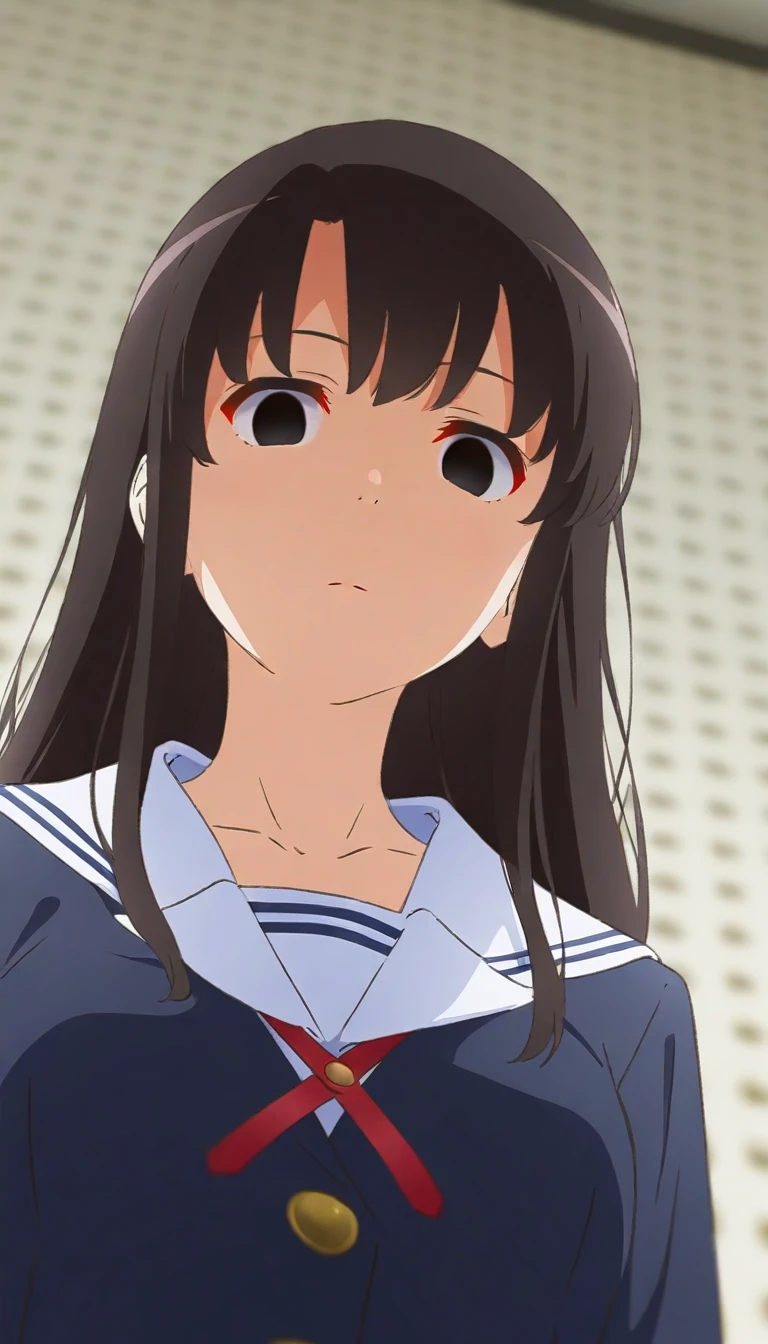 masterpiece,best quality,amazing quality,
<lora:megumikatoIL:1>,m3gum1kat0,
1girl,solo,black hair,bangs,long hair,black eyes,blue school blazer,red tie,portrait,from below,vacant eyes,expressionless,looking at viewer,indoors,perforated acoustic panel wall in the background,depth of field,