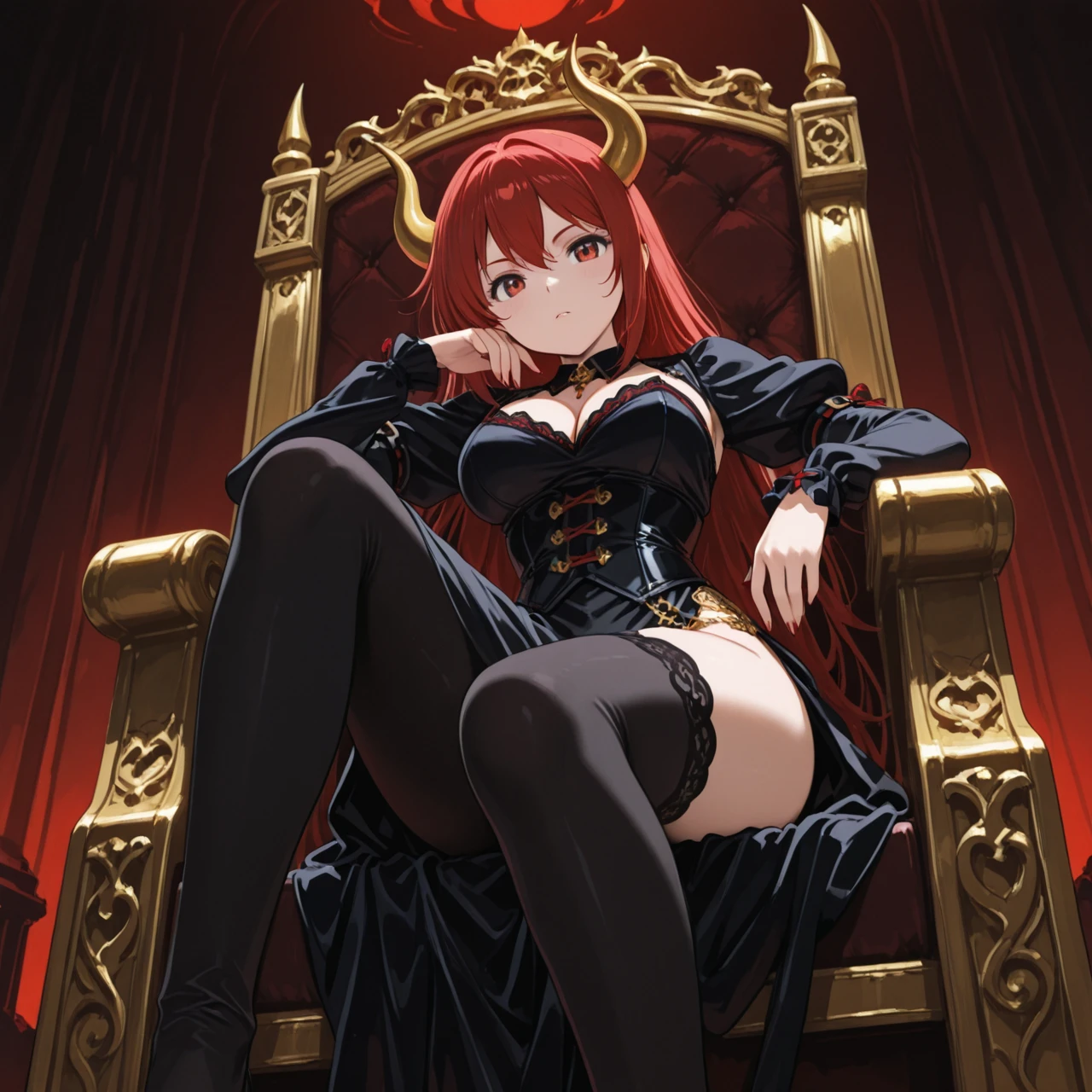 ((top-quality)), ((​masterpiece)), ((ultra-detailliert)), (extremely delicate and beautiful), voluptuous woman, sexy woman, dark tanned skin, red hair, wavy hair, long hair, wearing skin tight leather black corset top, long sleeved corset top, skin tight leather black shorts, sheer black pantyhose, black leather thigh length boots, high heeled boots, dominant sexy expression, demon horns, golden eyes, cold expression, sitting on a throne, fiery throne, 