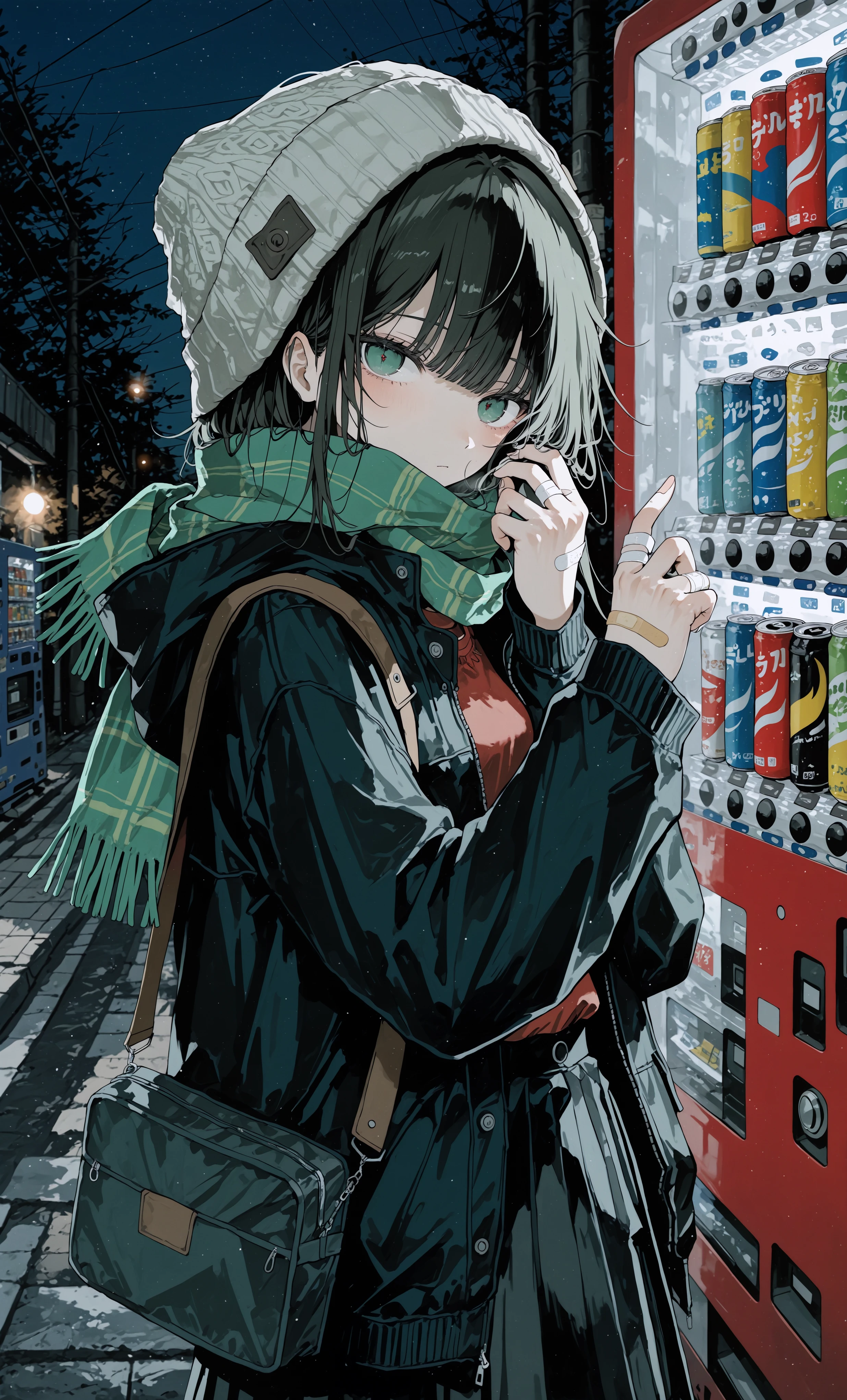 masterpiece, best quality,high quality, newest, highres,absurdres, traditional media, SuitablegreenStyle, 1girl, vending machine, scarf, solo, bandaid on hand, hat, beanie, outdoors, black hair, bangs, bandaid, black jacket, red shirt, long sleeves, jacket, shirt, can, looking at viewer, bag, green eyes, black skirt, night <lora:SuitablegreenStyle_IL:1>