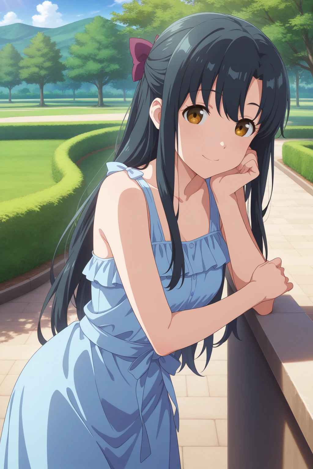 very awa, detailed eyes, shining eyes, masterpiece, best quality, ultra-detailed, (8k), (hdr), absurdres, looking at viewer, solo, 1girl, girl, outdoors, park, smile, aakaori, brown eyes, black hair, hair bow, sun dress, blue dress, sleeveless dress, frilled dress, anime coloring, ((leaning on ledge, cowboy shot))