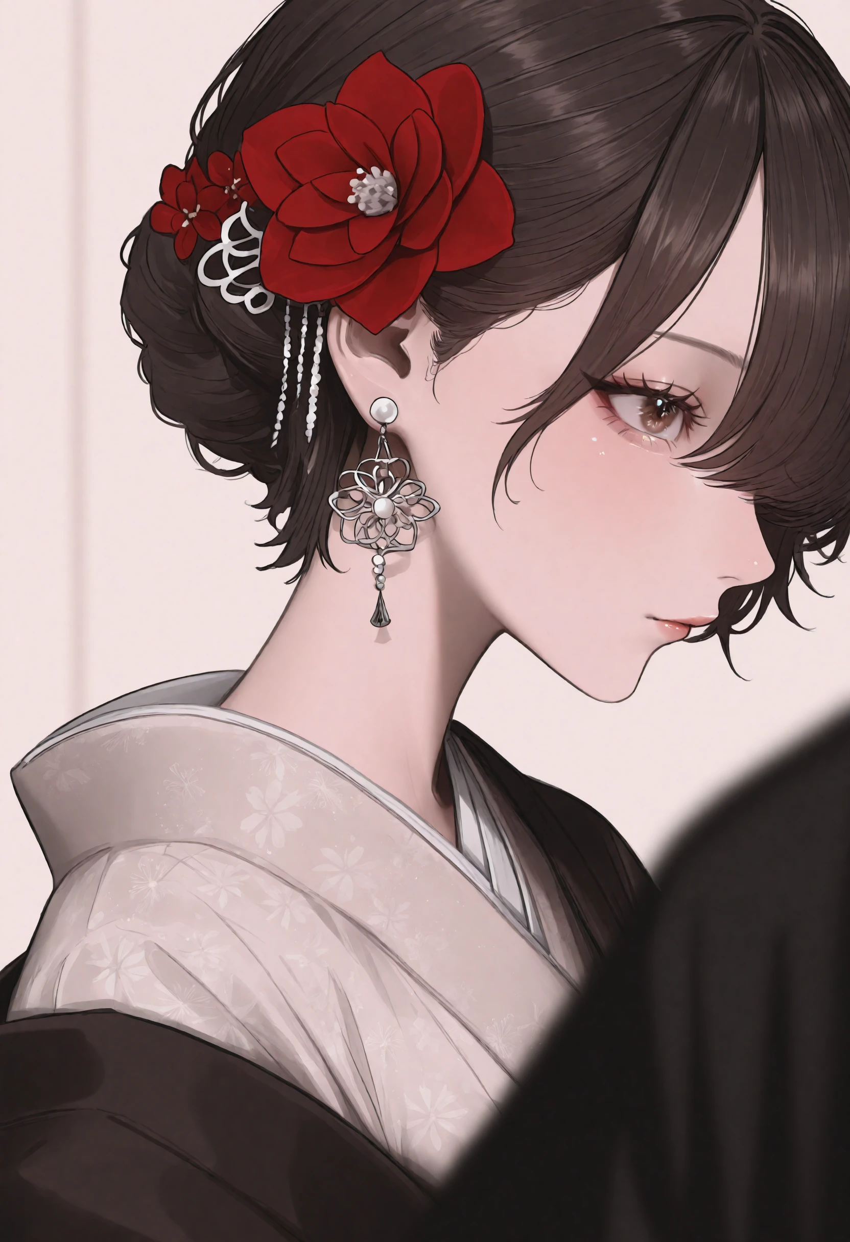 masterpiece, best quality, newest, absurdres, highres, very awa, anime screencap, limited palette, no lineart, sketch, eye focus, depth of field, aegyo sal, korean, simple background, flower, solo, hair flower, 1girl, red flower, brown hair, jewelry, earrings, hair ornament, brown eyes, short hair, japanese clothes, looking at viewer, upper body, floral print, kimono, circle, simple background, long sleeves, leaf, profile, haori, brown background, closed mouth, white shirt, shirt, hair over one eye, Profile