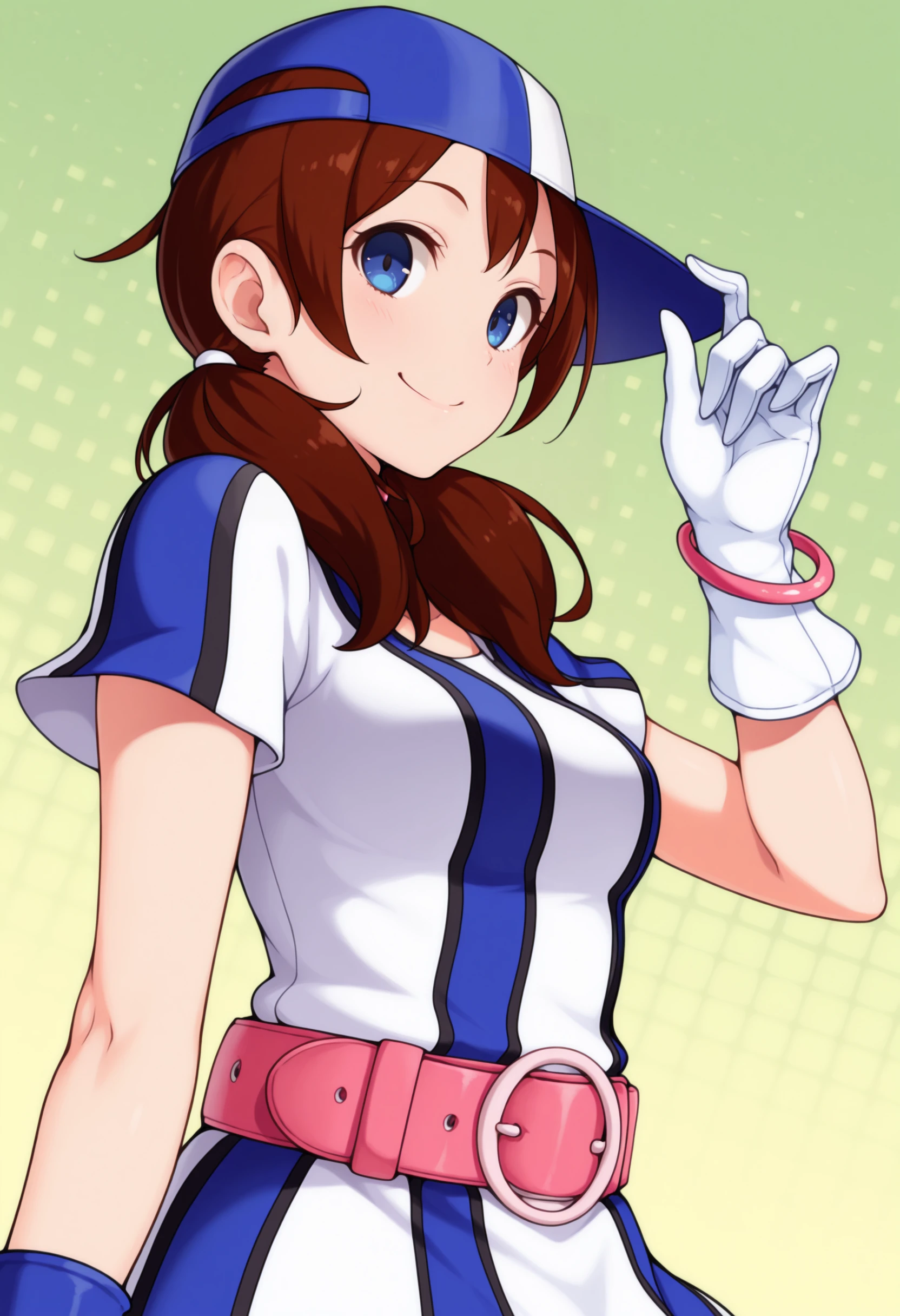 masterpiece, best quality, solo, 1girl, smile, looking at viewer, <lora:Ai-ngbc-illus_Fp:1>, blue eyes, brown hair, short twintails, baseball cap, sportswear, dress, pink belt, mismatched gloves, pink bangle, white glove, blue glove, sideways hat,