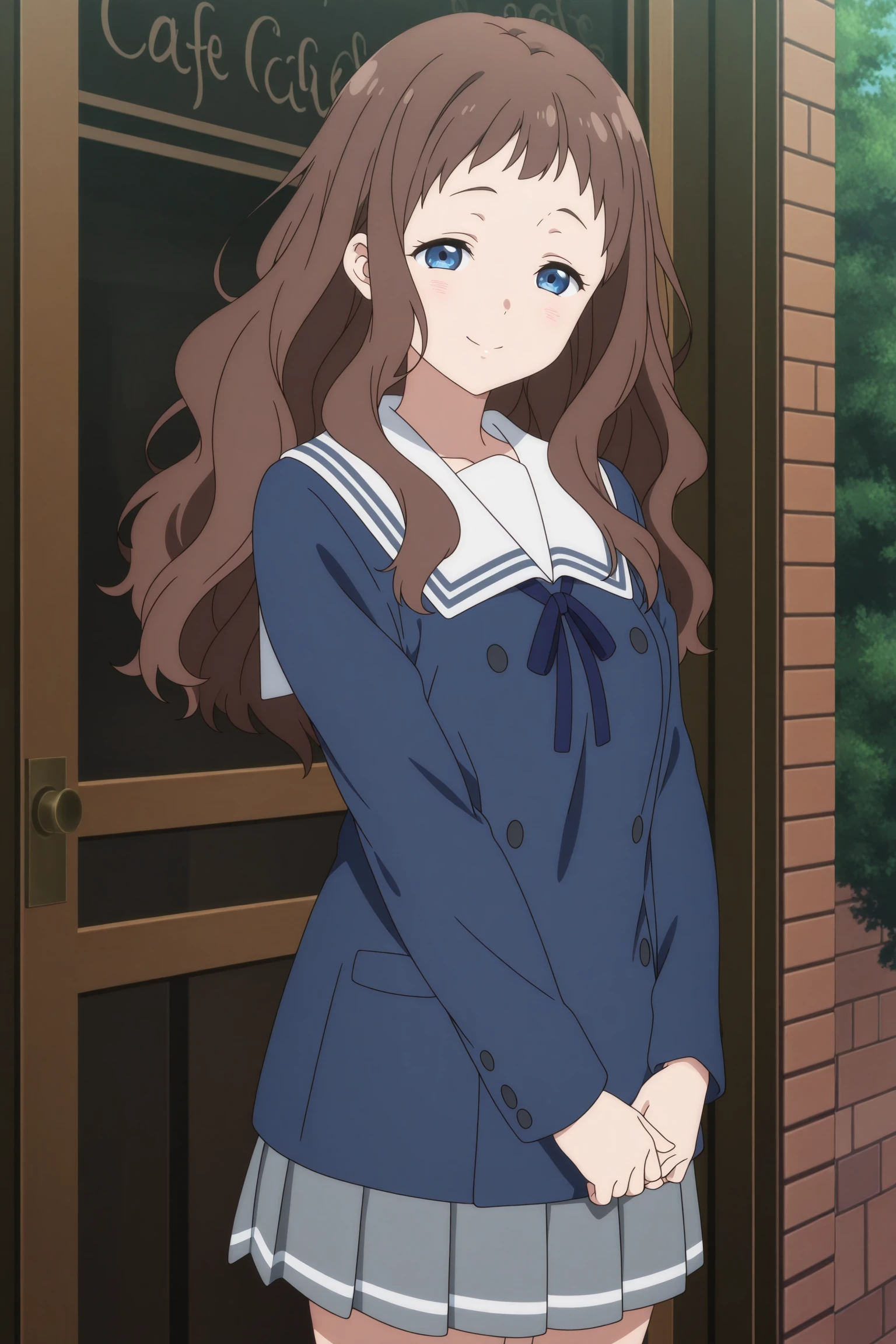 masterpiece, best quality, amazing quality, highres, absurdres, very aesthetic, high resolution, ultra detailed, perfect details, 1girl, solo, outdoors, (cafe:1.5), day, shindou ai, long hair, brown hair, wavy hair, short bangs, blue eyes, long sleeves, blue jacket, white sailor collar, blue neck ribbon, grey skirt, pleated skirt, black socks, kneehighs, brown footwear, loafers,  <lora:Ai_Shindou_ILXL:0.8>, aged up, (cowboy shot:1.5), looking at viewer, (anime coloring:1.5), (anime screencap:1.5), smile, half closed eyes, door, pose