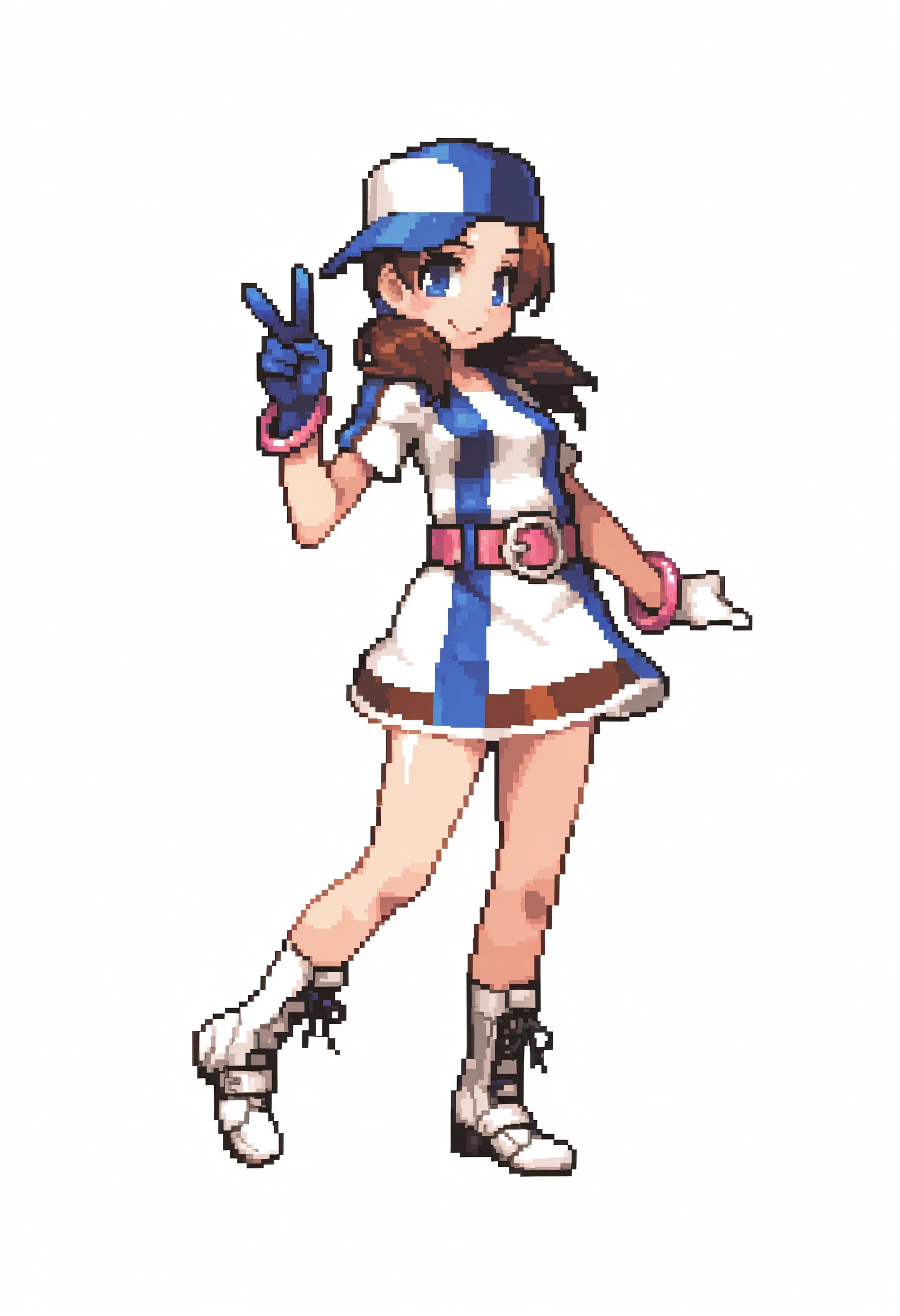 masterpiece, best quality, solo, 1girl, smile, looking at viewer, <lora:vovovov-illus_Fp:1>, pixel art, simple background, full body, <lora:Ai-ngbc-illus_Fp:1>, blue eyes, brown hair, short twintails,baseball cap, sportswear, dress, pink belt, mismatched gloves, pink bangle, white glove, blue glove, sideways hat, lace-up boots, white footwear, v,