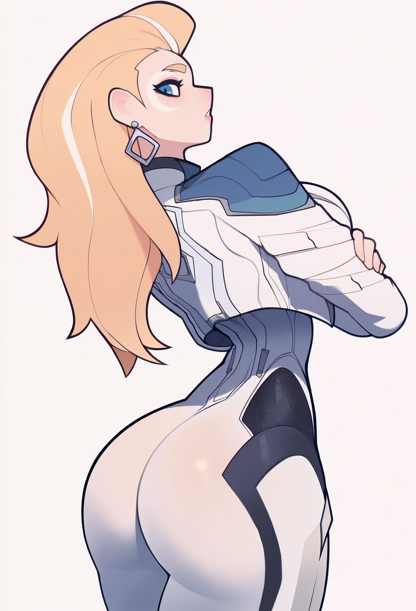 1girl, solo, looking at viewer, parted lips, white background, simple background, blonde hair, long hair, asymmetrical hair, crescent facial mark, blue eyes, earrings, white bodysuit, long sleeves, cropped jacket, white jacket, skin tight, large breasts, narrow waist, ass,
masterpiece, best quality, <lora:ra4s-guy90-Illust-Lycorisv1:1> ssaarr, <lora:daggerMR-guy90-Illust-LoraV1:1>, reggad