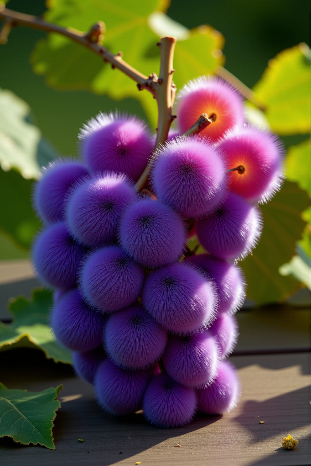 <lora:Fluffy_fur_2:0.9> FluffyFur. A luscious bunch of grapes, each plump orb covered in airy, semi-long-haired, fluffy fur, the fine strands mirroring the natural gradient of the fruit, transitioning from deep royal purple to velvety indigo, with hints of translucent green where the light touches. The fluffy fur is dense, following the gentle curves and clustered arrangement of the grapes, giving them a surreal yet inviting texture. Tiny, delicate hairs catch the light, creating a soft sheen that mimics the natural dewy glow of freshly picked grapes. The bunch rests on a rustic wooden table, surrounded by scattered vine leaves, with a gentle autumn breeze hinted in the blurred background, adding a sense of warmth and organic harmony to this strange yet oddly natural creation.