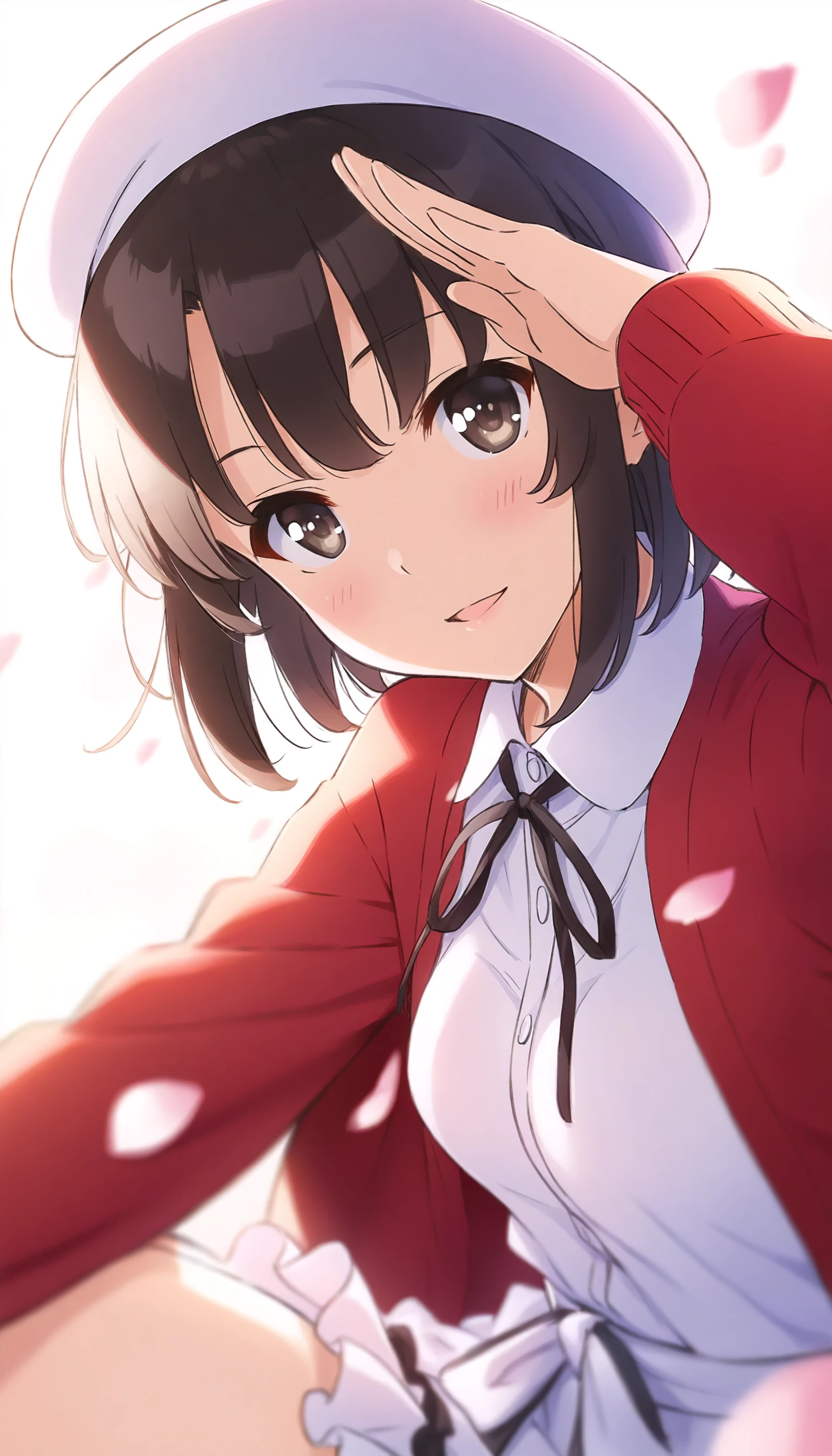 masterpiece,best quality,amazing quality,
<lora:megumikatoIL:1>,m3gum1kat0,
1girl,solo,black hair,bangs,short hair,white beret,
brown eyes,
red cardigan,white blouse,black bow tie,
white waist ribbon,white frilled skirt,
portrait,looking at viewer,faint blush,smile,parted lips,
salute,head tilt,falling petals,white background,
depth of field,soft lighting,
