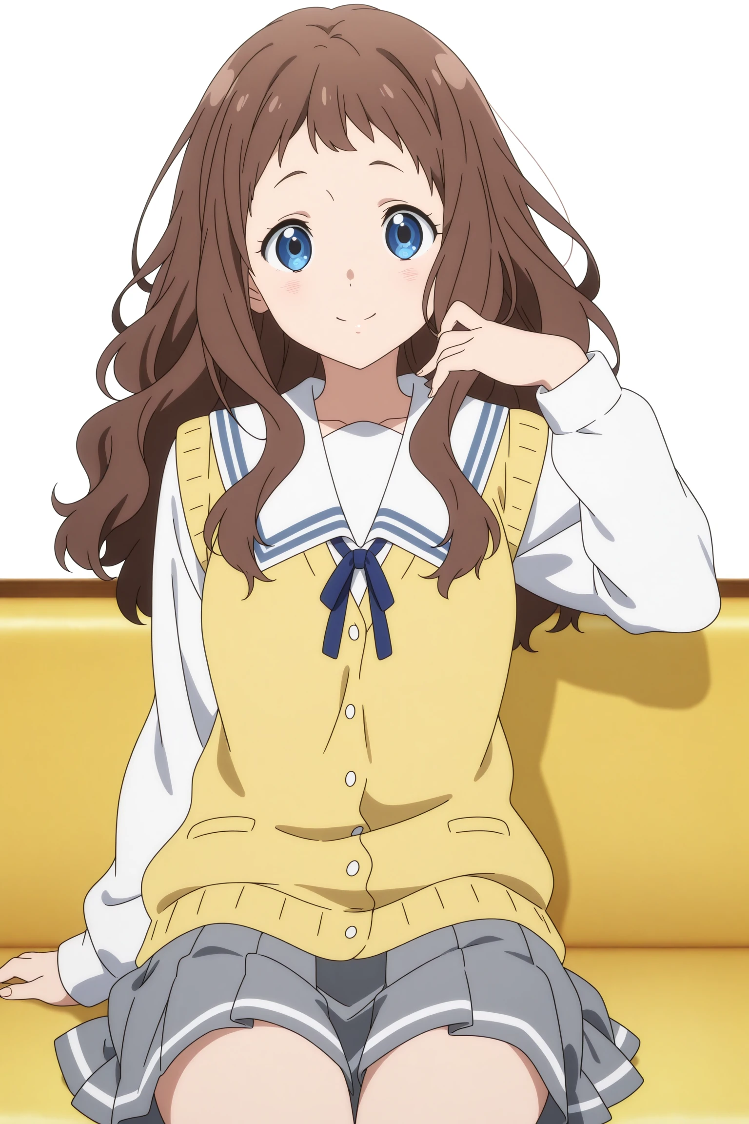 masterpiece, best quality, amazing quality, highres, absurdres, very aesthetic, high resolution, ultra detailed, perfect details, 1girl, solo, indoors, (white background:1.3), shindou ai, long hair, brown hair, wavy hair, short bangs, blue eyes, long sleeves, white shirt, white sailor collar, yellow sweater vest, blue neck ribbon, grey skirt, pleated skirt, black socks, kneehighs, brown footwear, loafers, <lora:Ai_Shindou_ILXL:0.8>, aged up, (cowboy shot:1.5), looking at viewer, (anime coloring:1.5), (anime screencap:1.5), smile, pose, yellow sofa, sitting