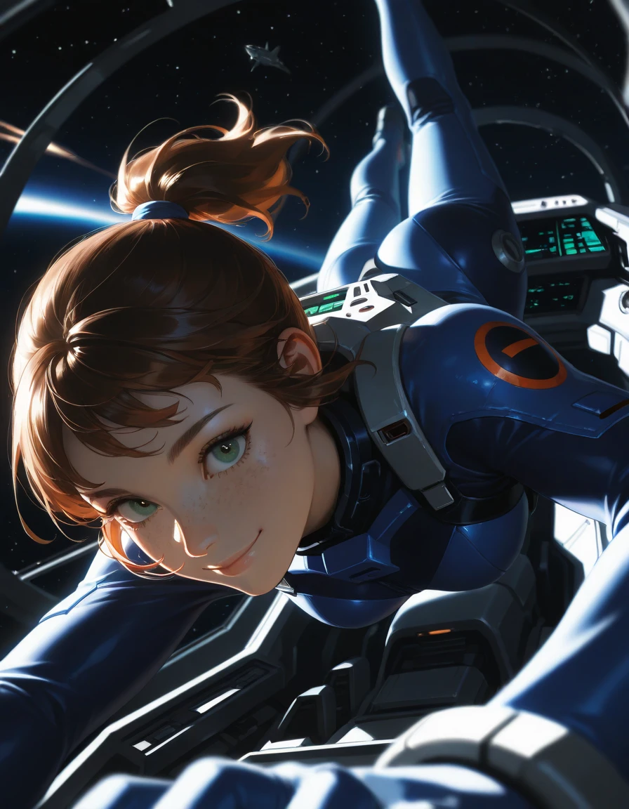 masterpiece, absurdres, best quality, newest, ambient lighting, very aesthetic, dark background, ultrahd, high contrast, realistic, space_ship, cockpit, control panels, HUD, indoors, close-up, foreshortening, mechs BREAK 1girl, solo, freckles, brown hair, green eyes, closed mouth, smile, high ponytail, short ponytail, pilot suit, floating, dynamic pose, dynamic angle,