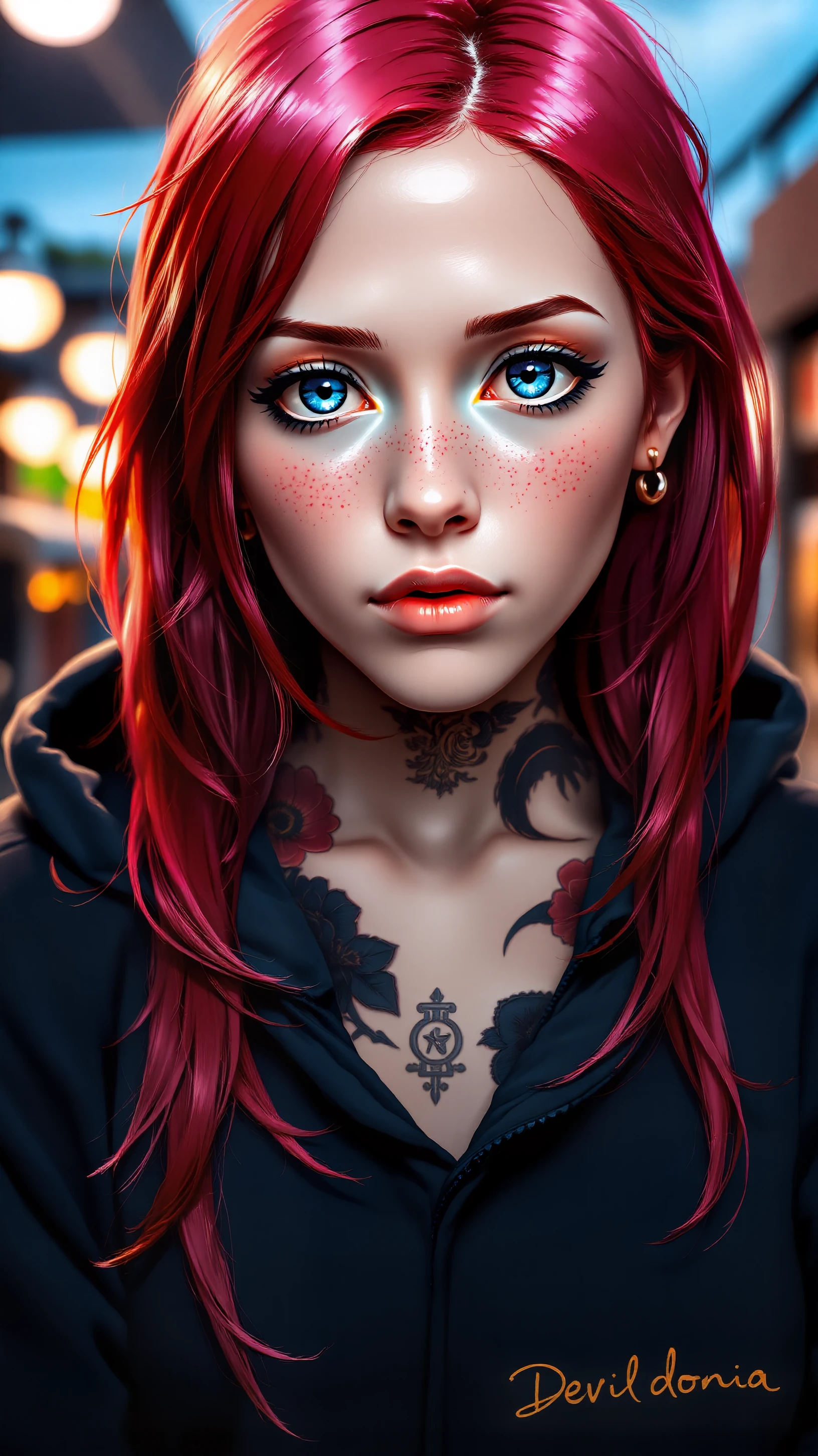 A highly detailed digital artwork of a young woman in her 20s, gazing directly at the camera with a confident yet mysterious expression. Her freckles and striking blue eyes stand out against her lush, bright strawberry-colored hair, which flows naturally.
She wears a black hoodie, contrasting with her traditional Japanese-style tattoo on her neck, which is intricately detailed and culturally rich. Rendered in a studio anime key visual style, the illustration blends hyper-realistic textures with anime aesthetics, ensuring vibrant colors and stunning depth.
Shot in a 35mm film photography style, this piece mimics a Nikon 70D camera setup (ISO 200, F/2.8, 1/25 sec, 70mm lens), creating a bokeh-rich, cinematic atmosphere. The lighting is soft yet dynamic, enhancing the professional 4K and 8K UHD resolution with film grain texture for a timeless artistic appeal.
A signature in the bottom right elegantly reads 'Devildonia', blending seamlessly into the artwork, adding an authentic touch to this professional-quality anime portrait.