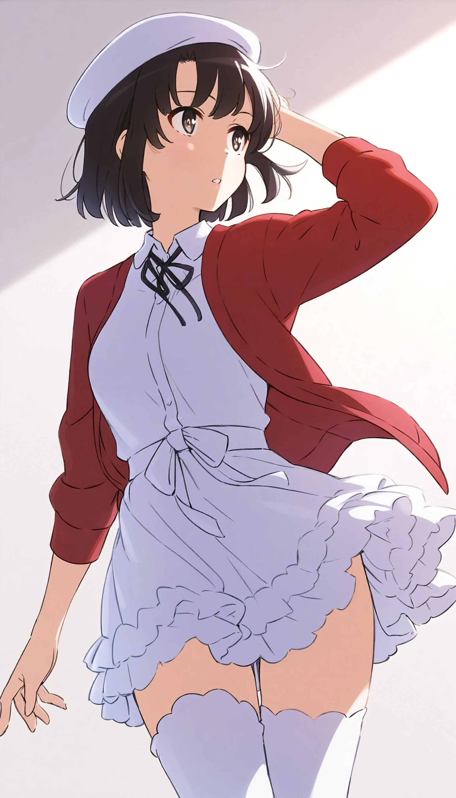 masterpiece,best quality,amazing quality,
<lora:megumikatoIL0314-6:1>,m3gum1kat0,
1girl,solo,black hair,bangs,short hair,brown eyes,pupils,red cardigan,white blouse,black bow tie,white waist ribbon,white frilled skirt,white thigh socks with trim,cowboy shot,looking to the side,parted lips,right arm down with hand holding a white beret,wind blowing hair,left hand up,white background,