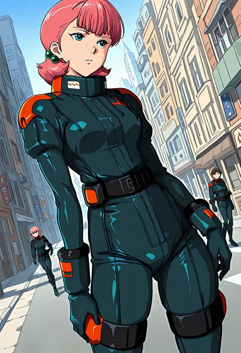CG qual;ity, masterpiece, best quality,amazing quality, city ,street,zabiarov, ear accessory, pink hair , short hair, green eyes, 1 female, pilotsuit, pilot gloves,pilotshoes