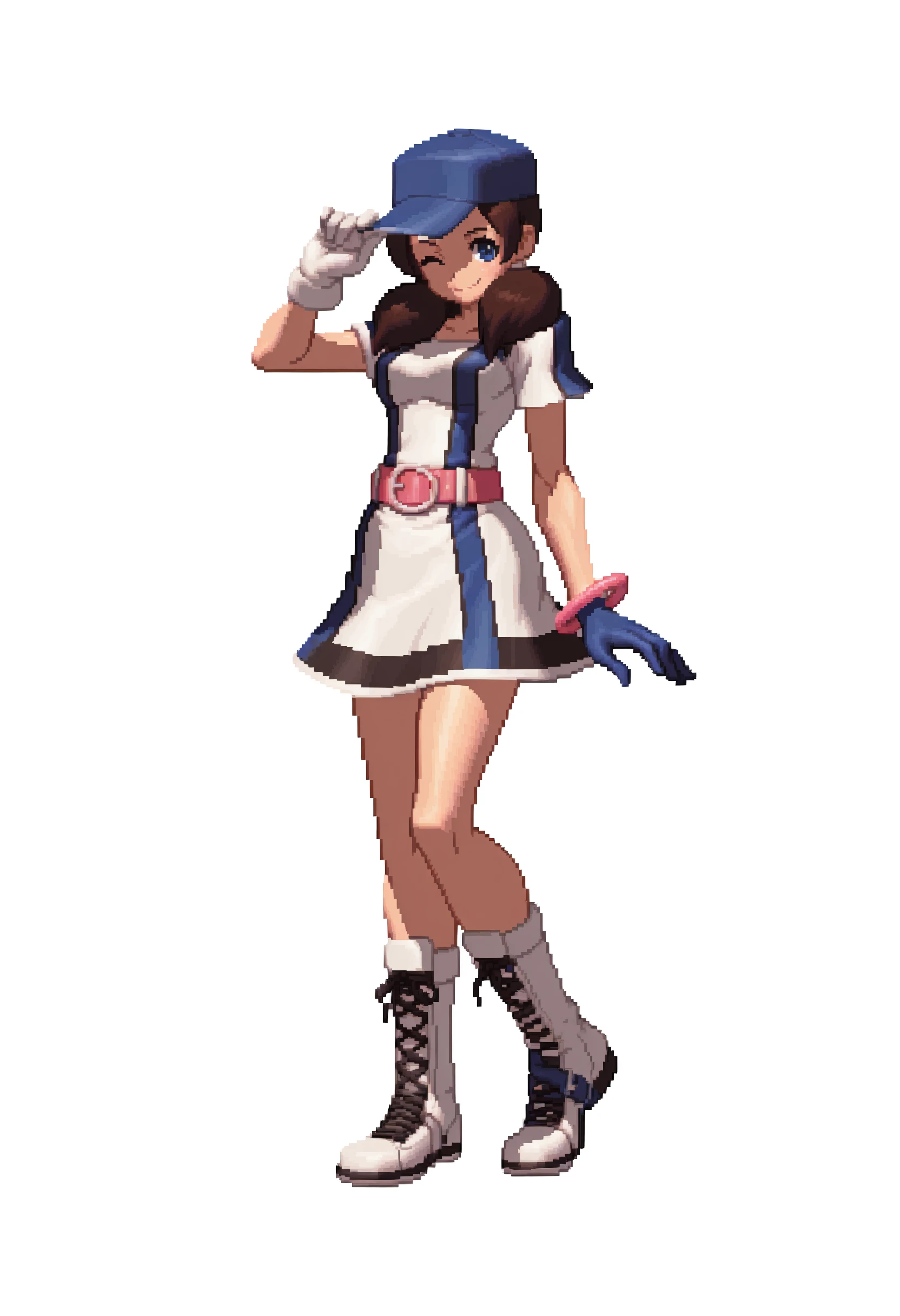 masterpiece, best quality, solo, 1girl, smile, looking at viewer, <lora:KOF-XIII-SpritesV2-illus_Fp:1>, full body, simple background, pixel art, <lora:Ai-ngbc-illus_Fp:1>, blue eyes, brown hair, short twintails, baseball cap, sportswear, dress, pink belt, mismatched gloves, pink bangle, white glove, blue glove, sideways hat, lace-up boots, white footwear, adjusting headwear, one eye closed,